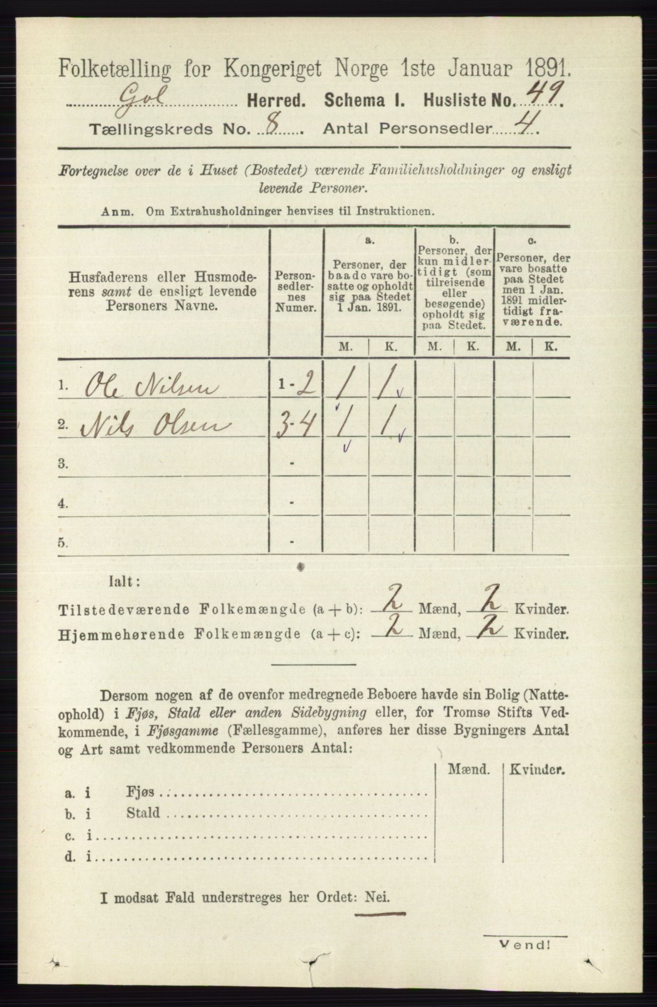 RA, 1891 census for 0617 Gol og Hemsedal, 1891, p. 3030