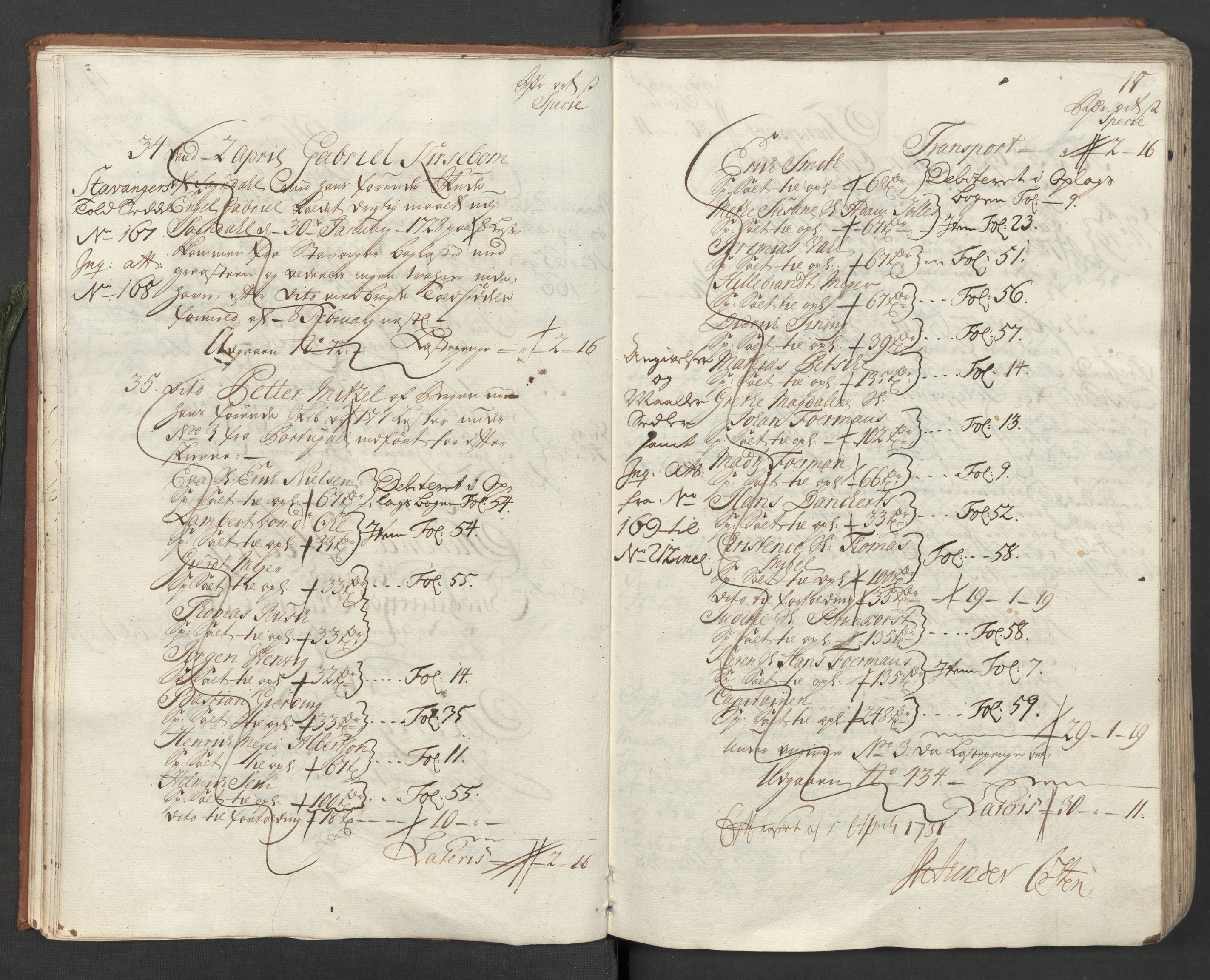 Generaltollkammeret, tollregnskaper, RA/EA-5490/R26/L0016/0001: Tollregnskaper Bergen A / Inngående hovedtollbok, 1731, p. 14b-15a