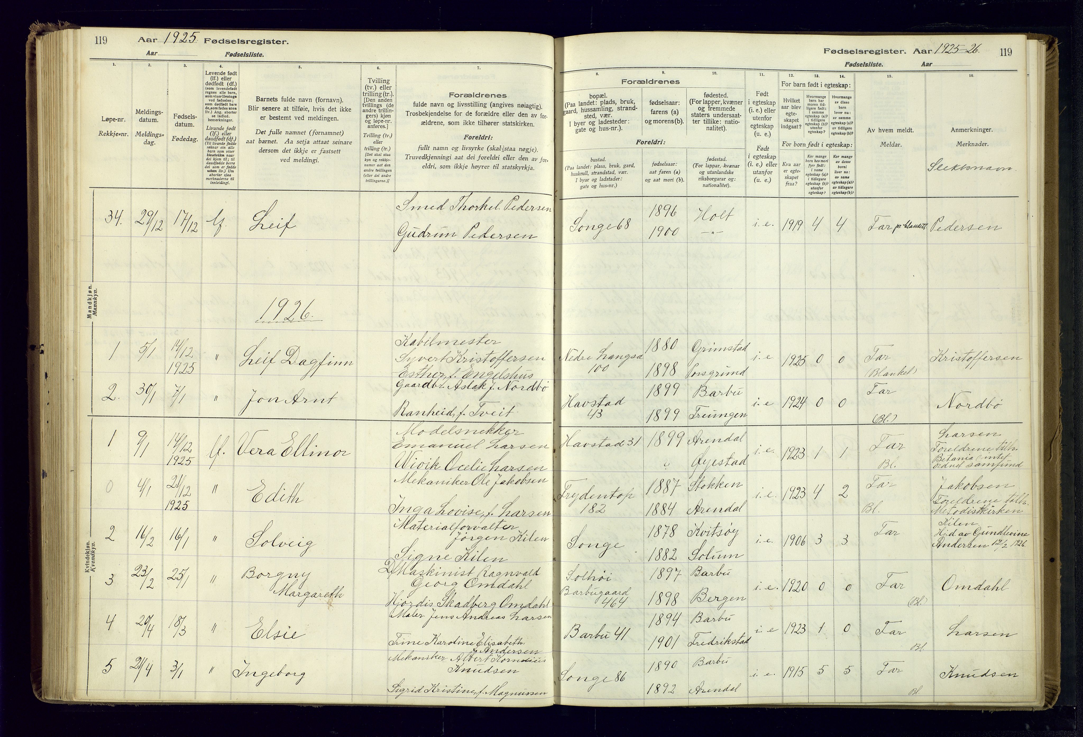 Barbu sokneprestkontor, AV/SAK-1111-0003/J/Ja/L0001: Birth register no. A-VIII-1, 1916-1937, p. 119