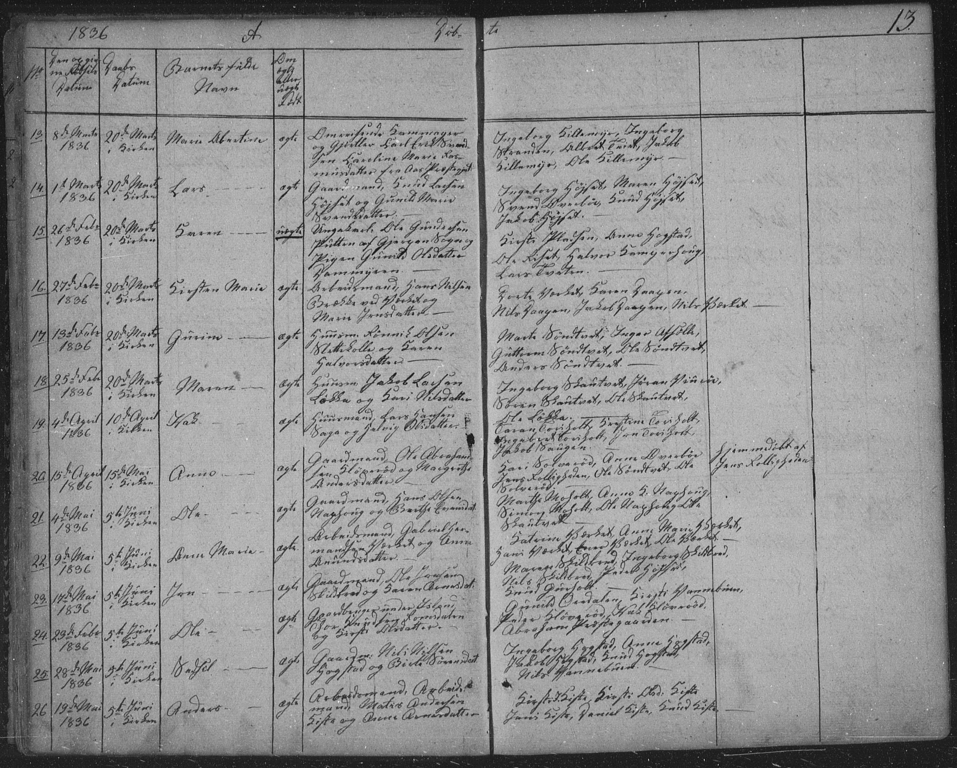 Siljan kirkebøker, AV/SAKO-A-300/F/Fa/L0001: Parish register (official) no. 1, 1831-1870, p. 13