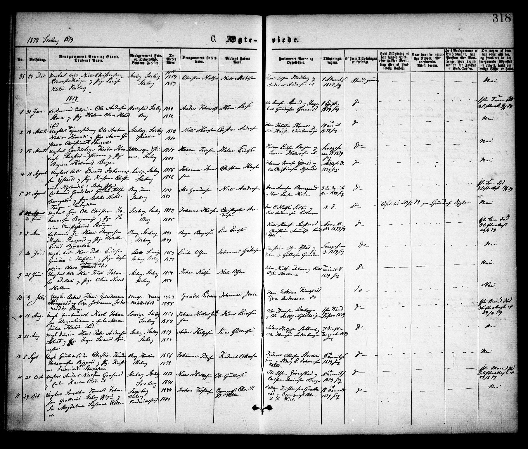 Skjeberg prestekontor Kirkebøker, SAO/A-10923/F/Fa/L0008: Parish register (official) no. I 8, 1869-1885, p. 318