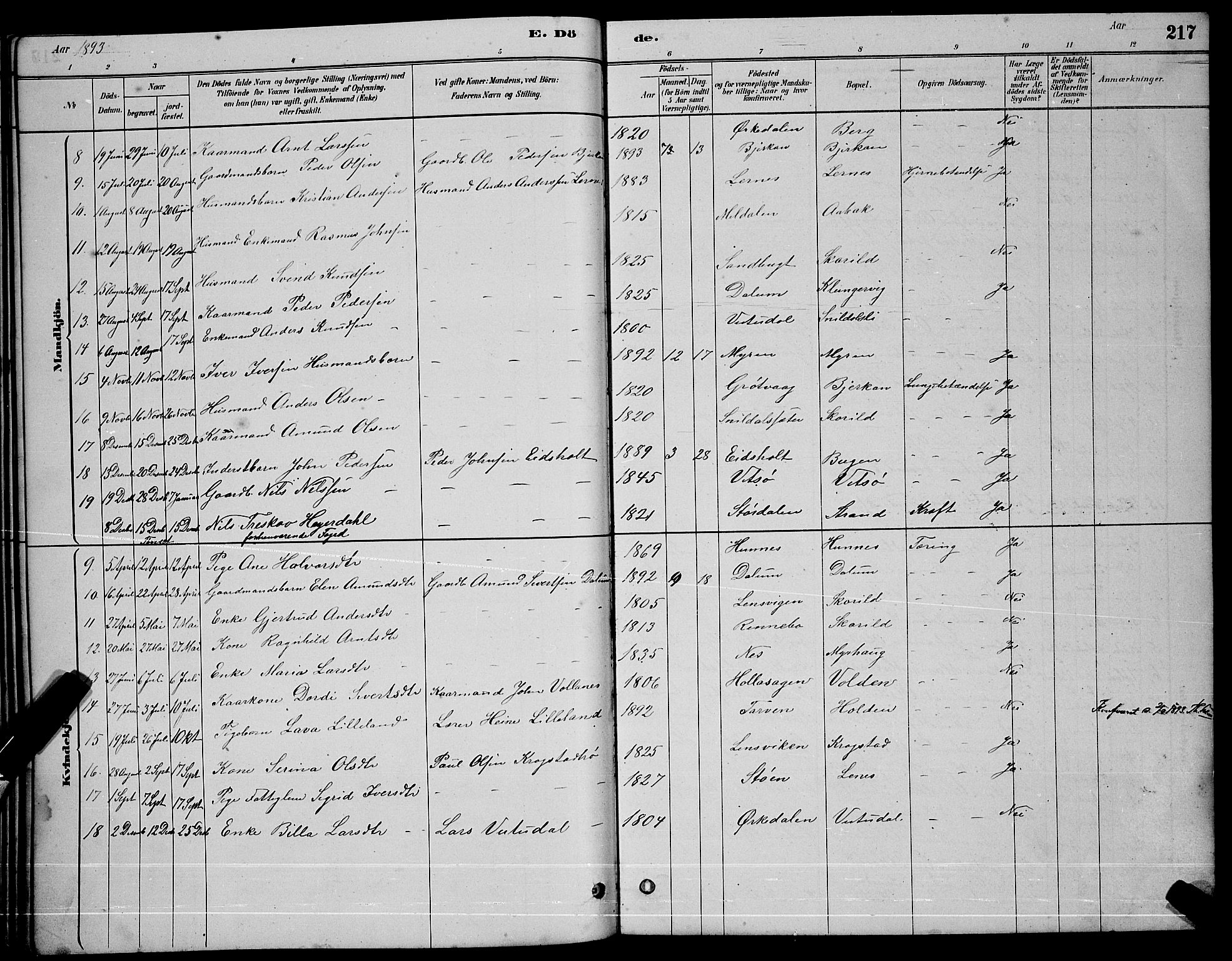 Ministerialprotokoller, klokkerbøker og fødselsregistre - Sør-Trøndelag, SAT/A-1456/630/L0504: Parish register (copy) no. 630C02, 1879-1898, p. 217