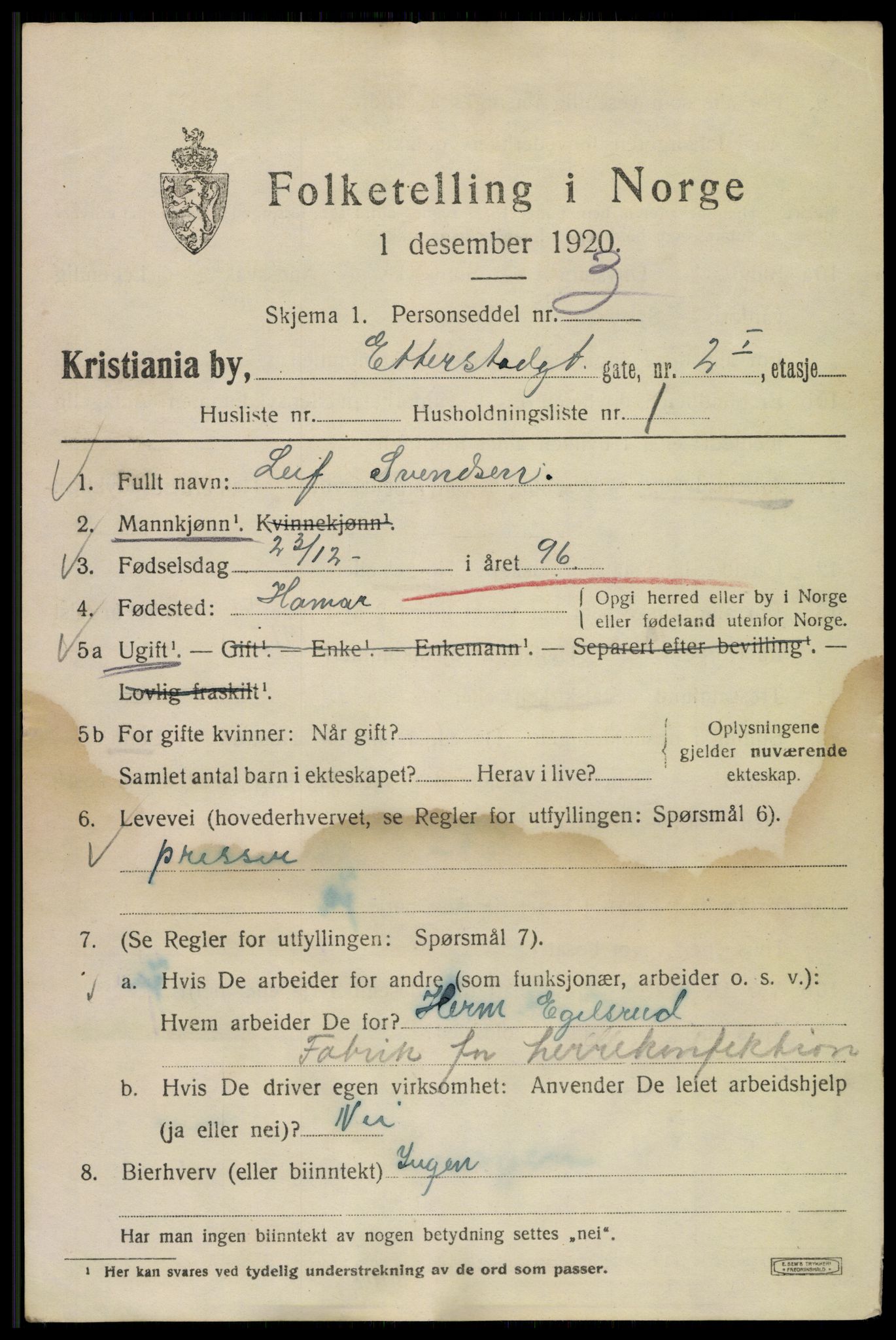 SAO, 1920 census for Kristiania, 1920, p. 223031