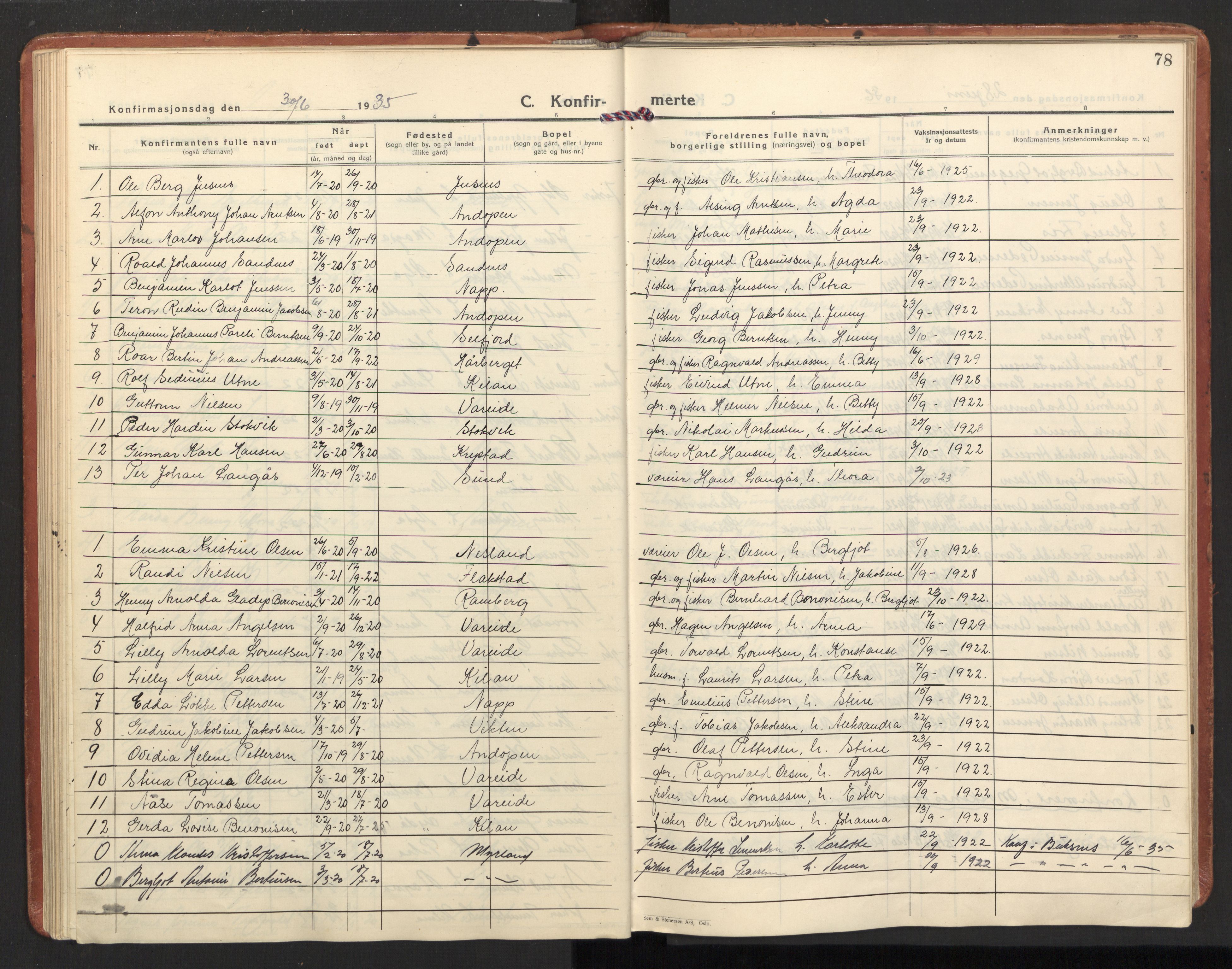 Ministerialprotokoller, klokkerbøker og fødselsregistre - Nordland, SAT/A-1459/885/L1211: Parish register (official) no. 885A11, 1927-1938, p. 78