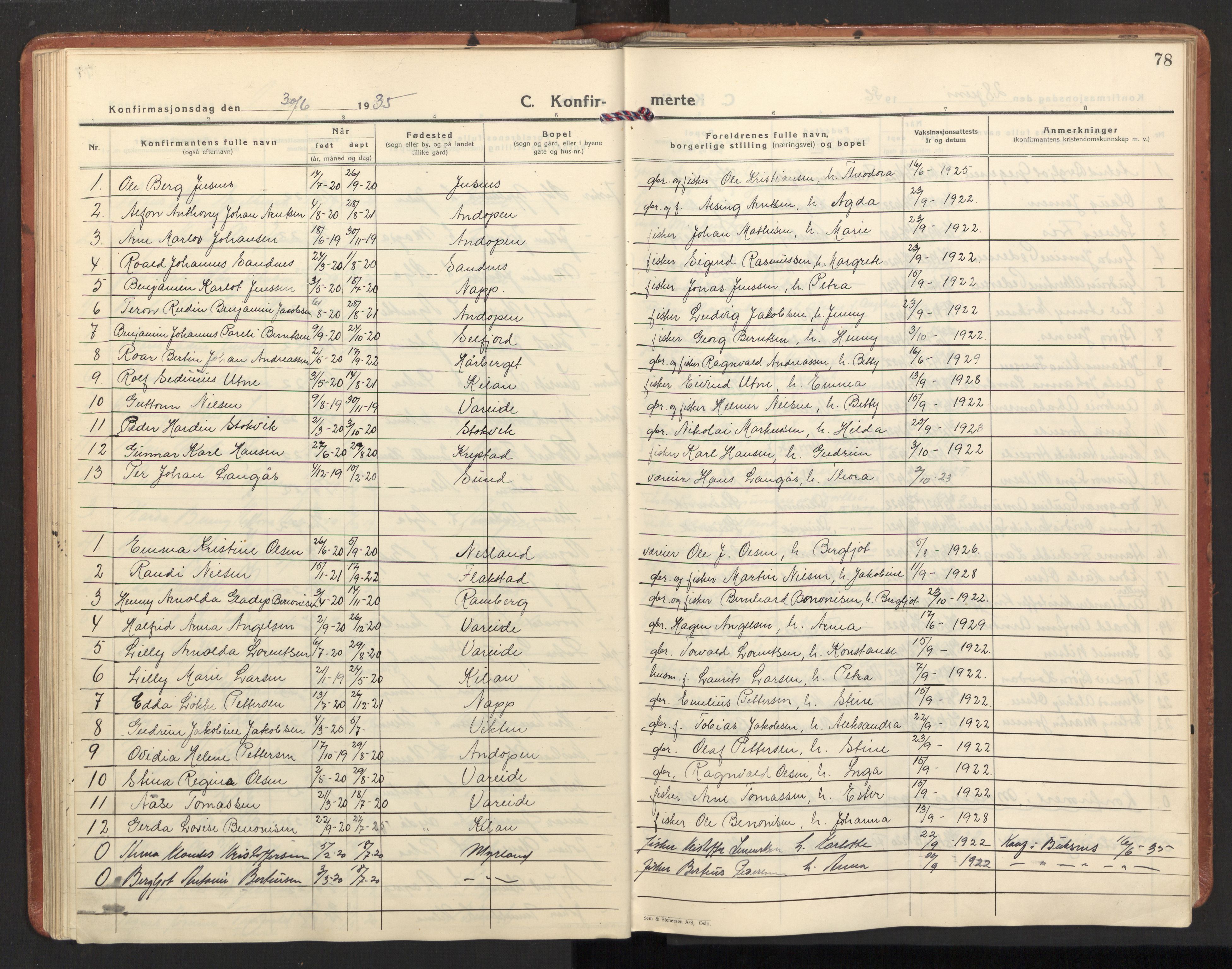 Ministerialprotokoller, klokkerbøker og fødselsregistre - Nordland, AV/SAT-A-1459/885/L1211: Parish register (official) no. 885A11, 1927-1938, p. 78