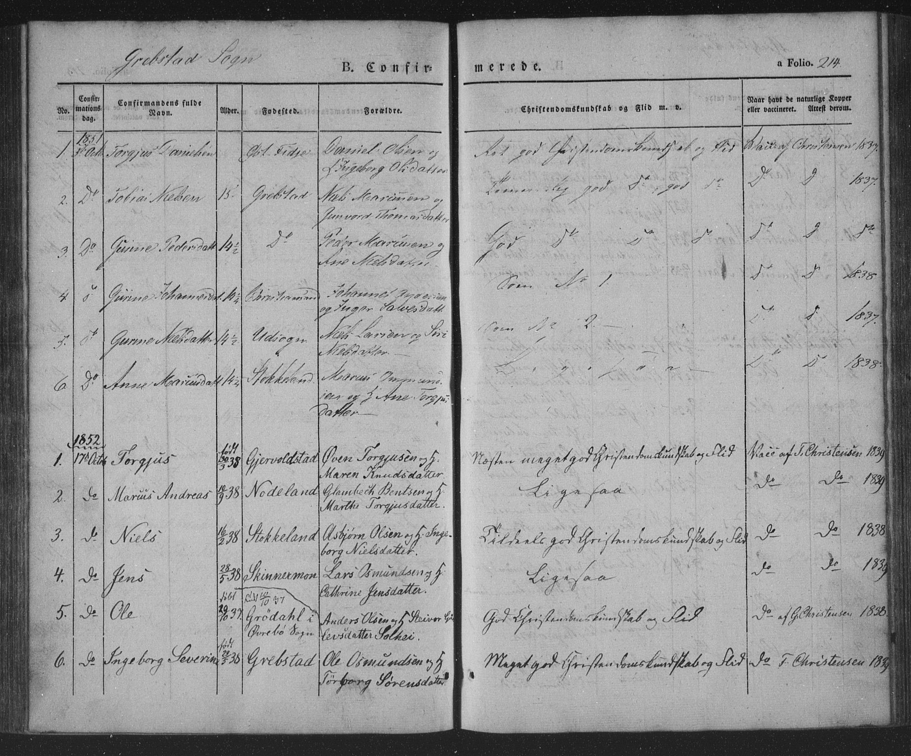 Søgne sokneprestkontor, AV/SAK-1111-0037/F/Fa/Fab/L0009: Parish register (official) no. A 9, 1838-1853, p. 214