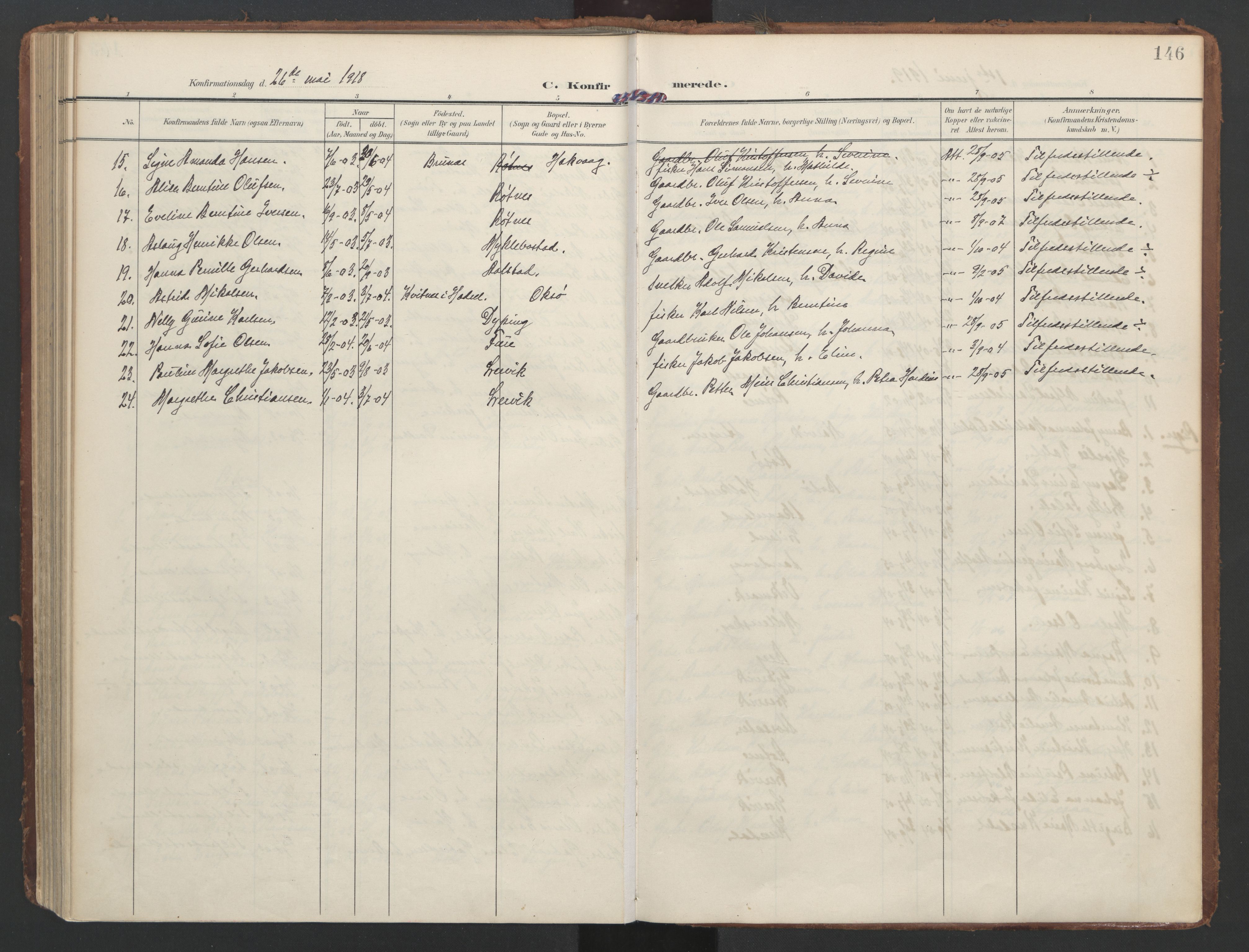 Ministerialprotokoller, klokkerbøker og fødselsregistre - Nordland, AV/SAT-A-1459/855/L0805: Parish register (official) no. 855A13, 1906-1920, p. 146