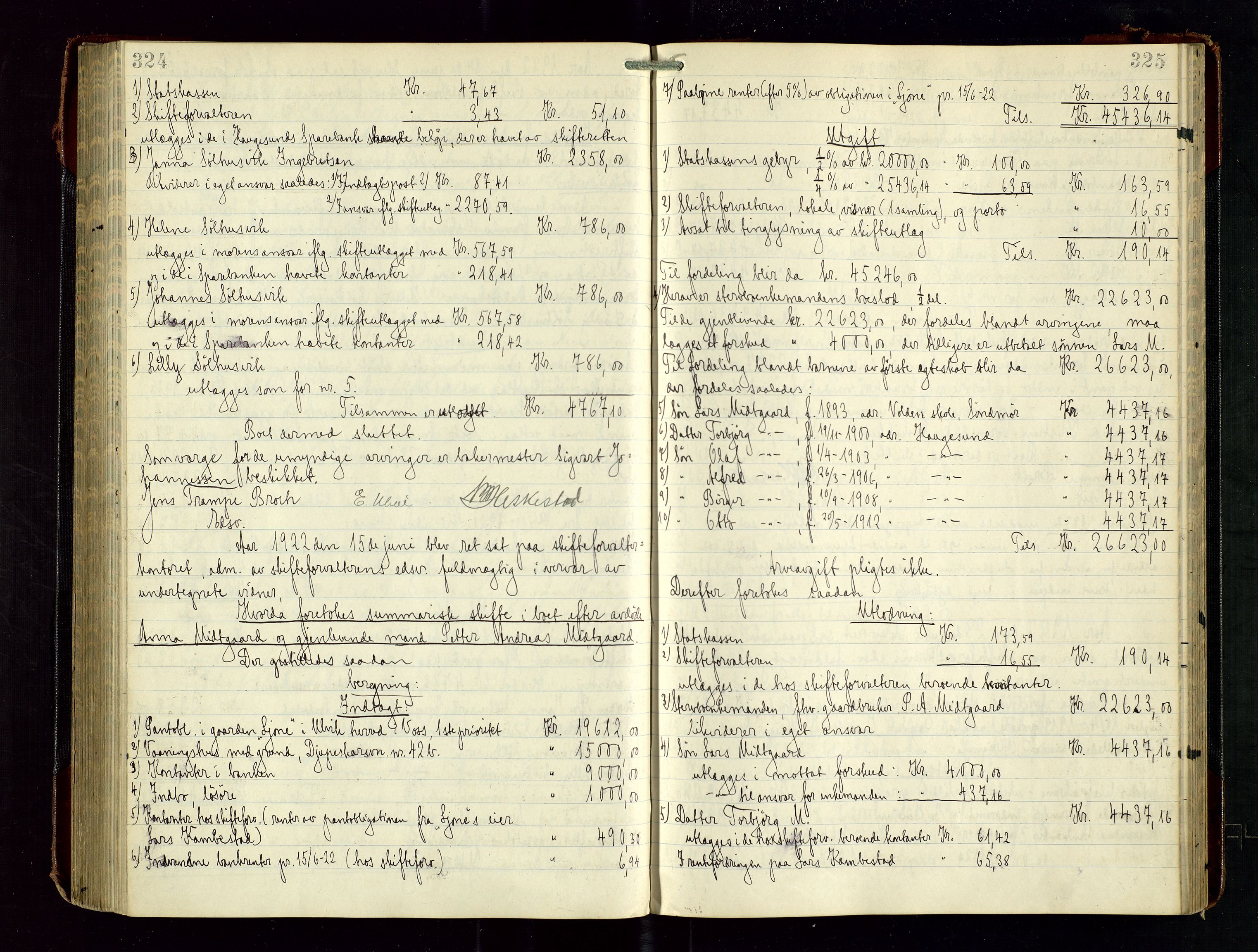 Haugesund tingrett, AV/SAST-A-101415/01/IV/IVD/L0003: Skifteutlodningsprotokoll, med register, 1915-1924, p. 324-325