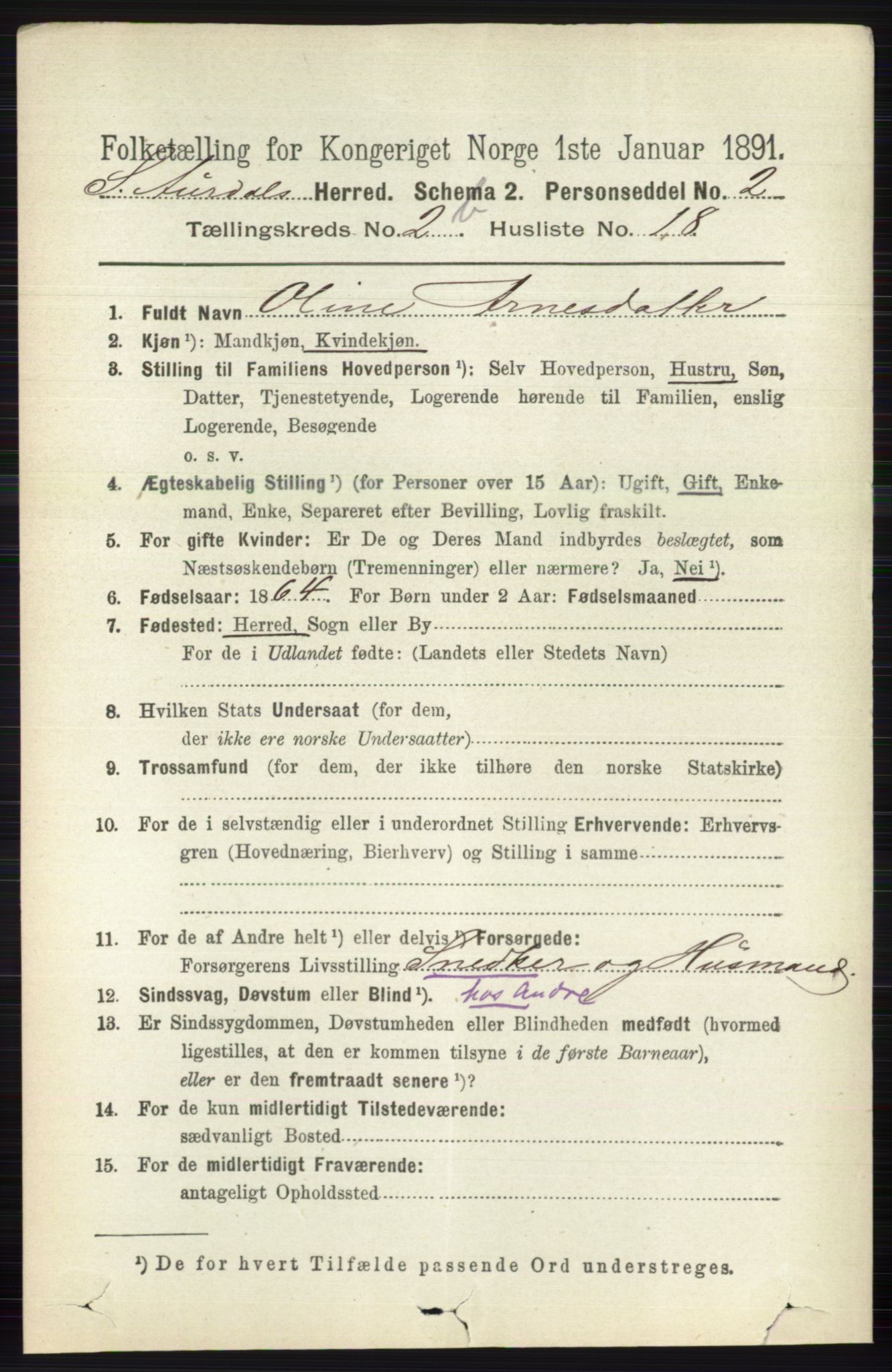 RA, 1891 census for 0540 Sør-Aurdal, 1891, p. 1563