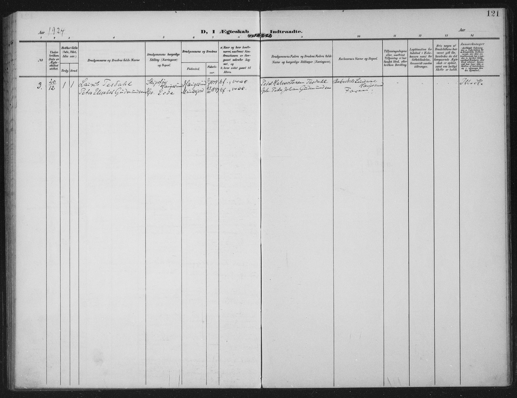 Kopervik sokneprestkontor, AV/SAST-A-101850/H/Ha/Haa/L0003: Parish register (official) no. A 3, 1906-1924, p. 121