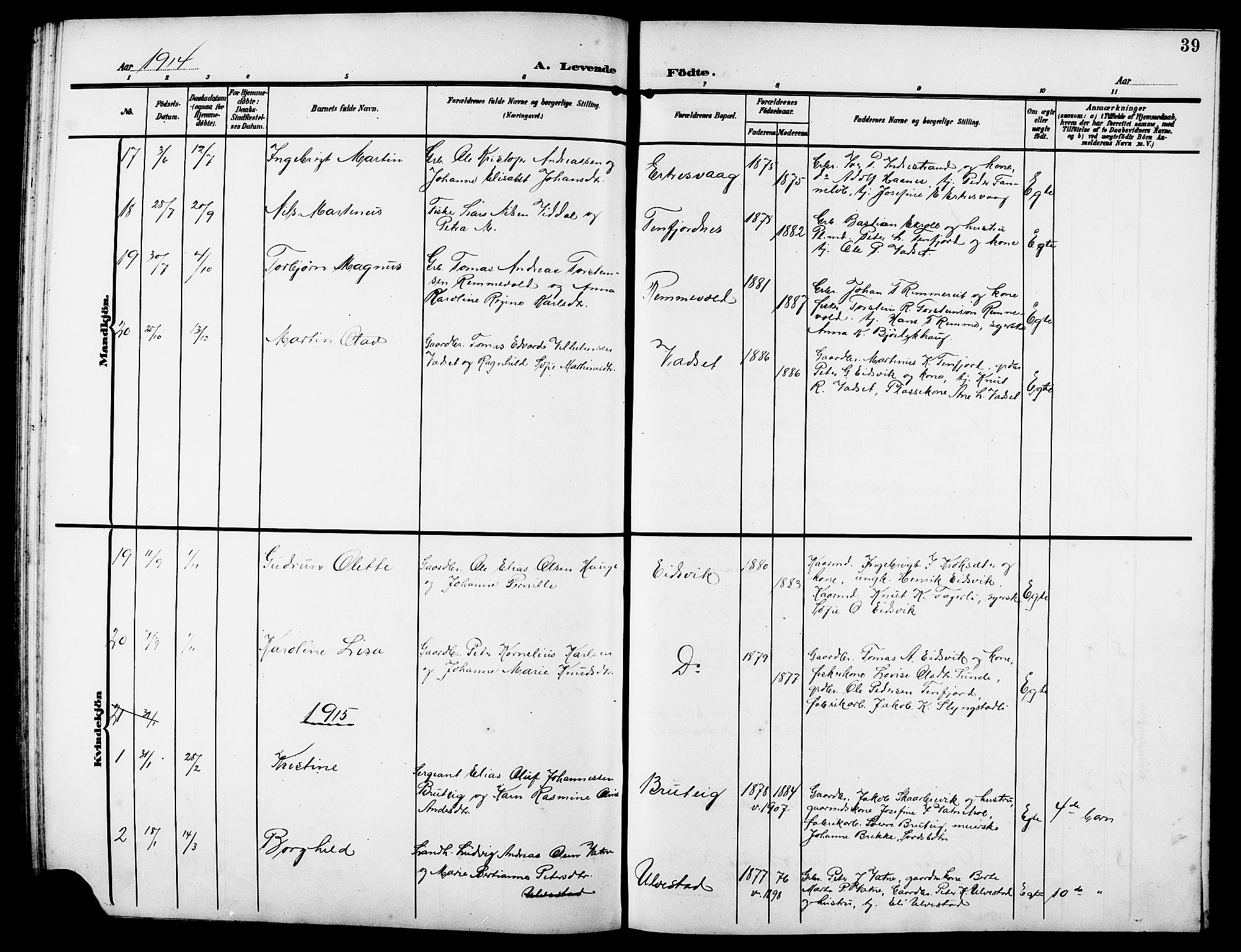 Ministerialprotokoller, klokkerbøker og fødselsregistre - Møre og Romsdal, AV/SAT-A-1454/525/L0377: Parish register (copy) no. 525C03, 1903-1917, p. 39