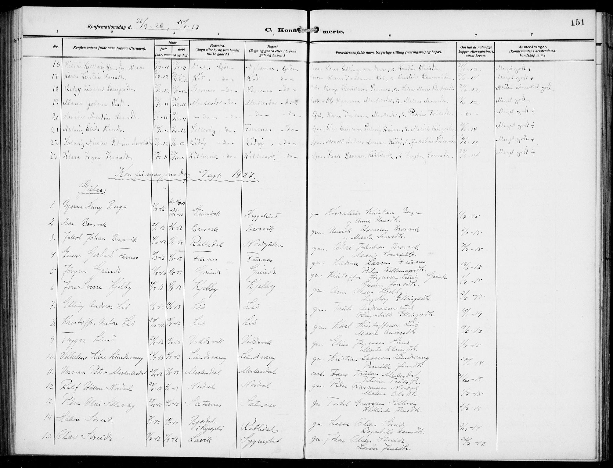 Gulen sokneprestembete, AV/SAB-A-80201/H/Hab/Habb/L0004: Parish register (copy) no. B 4, 1908-1936, p. 151