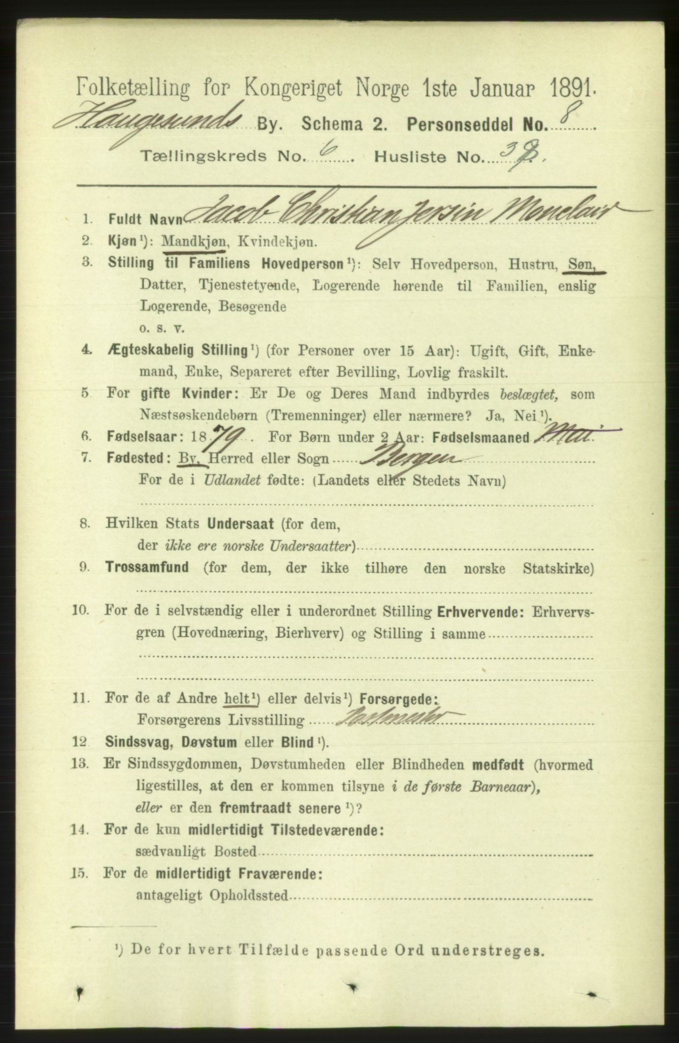 RA, 1891 census for 1106 Haugesund, 1891, p. 3004