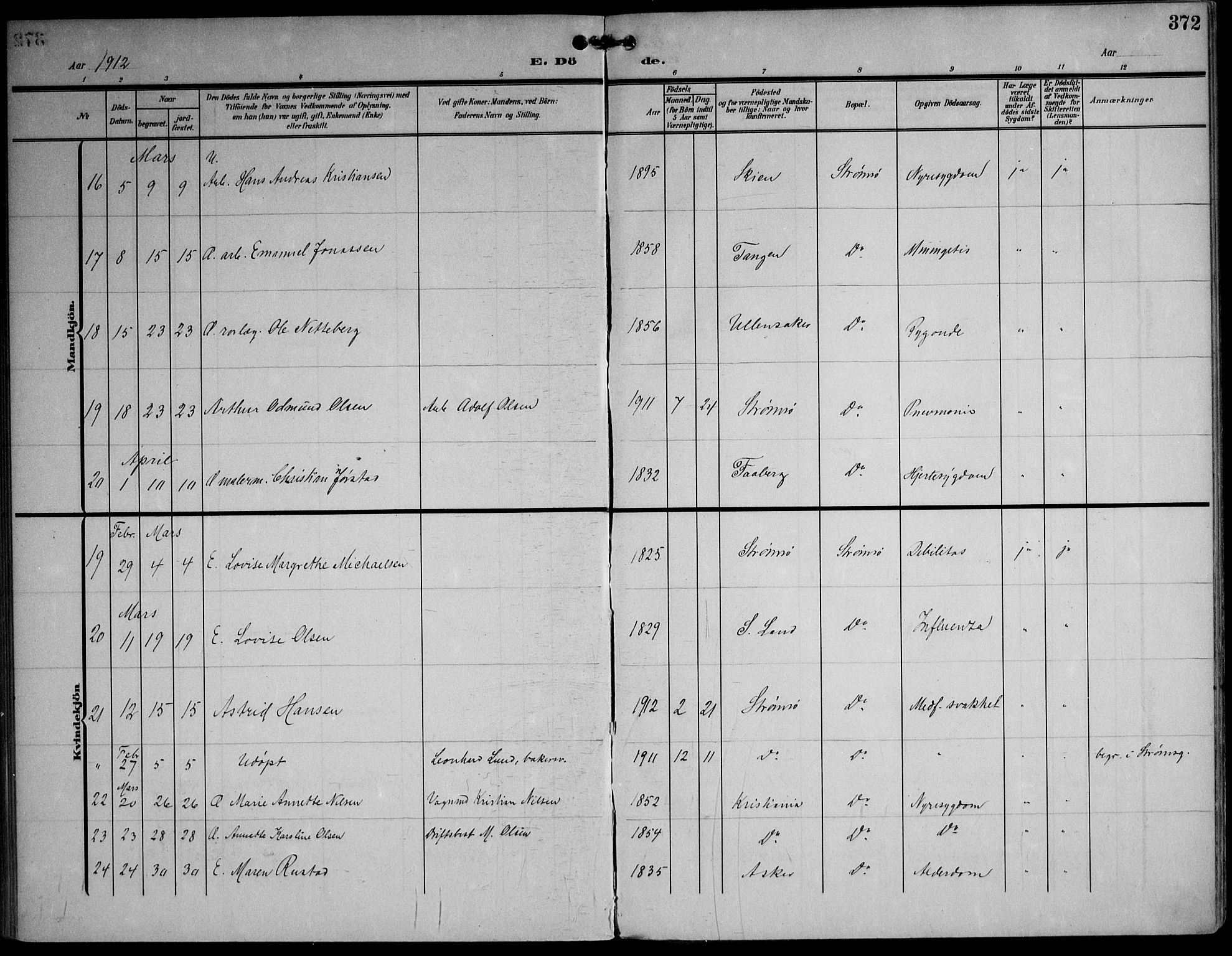 Strømsø kirkebøker, AV/SAKO-A-246/F/Fa/L0026: Parish register (official) no. I 26, 1905-1914, p. 372