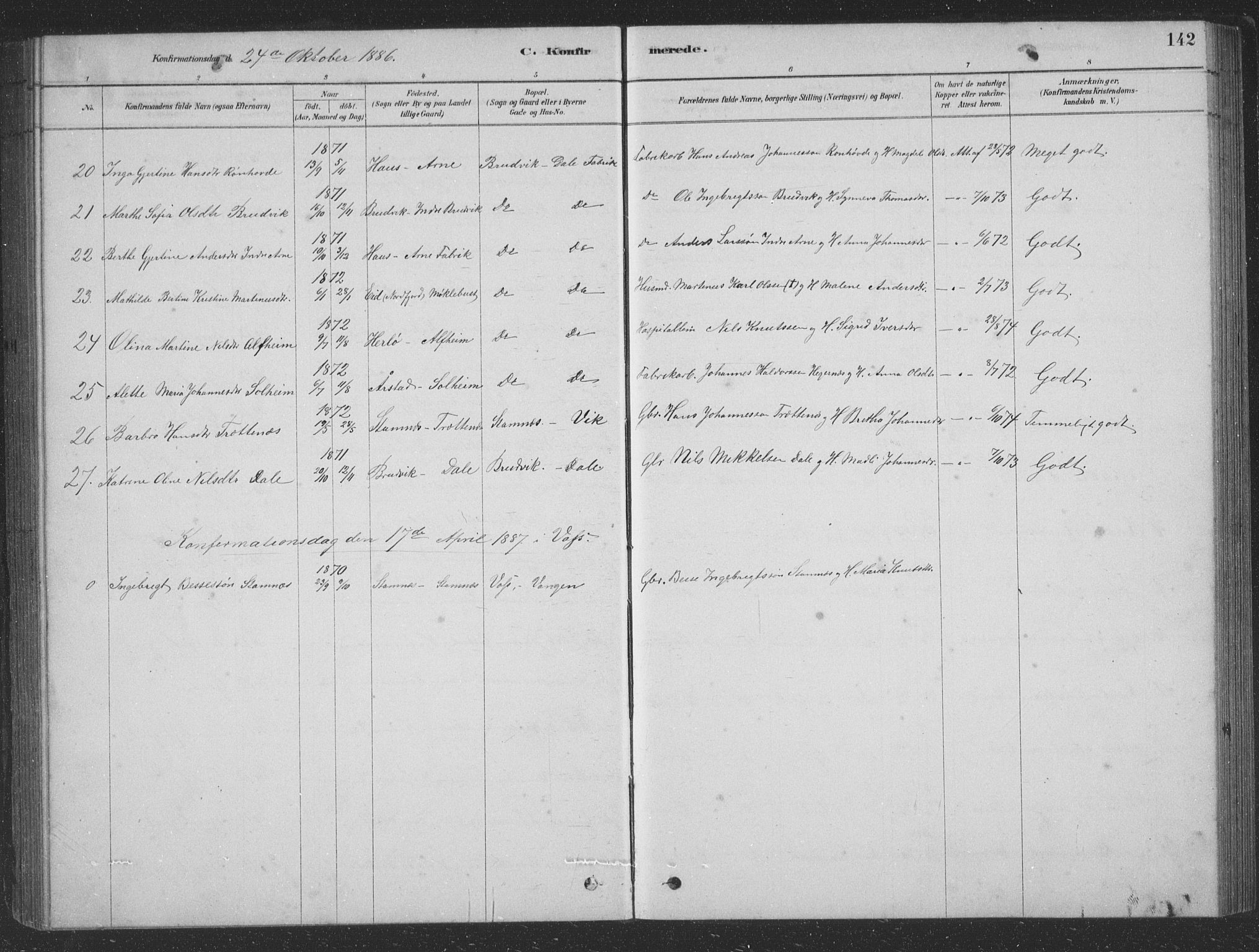 Vaksdal Sokneprestembete, SAB/A-78901/H/Hab: Parish register (copy) no. D 1, 1878-1939, p. 142
