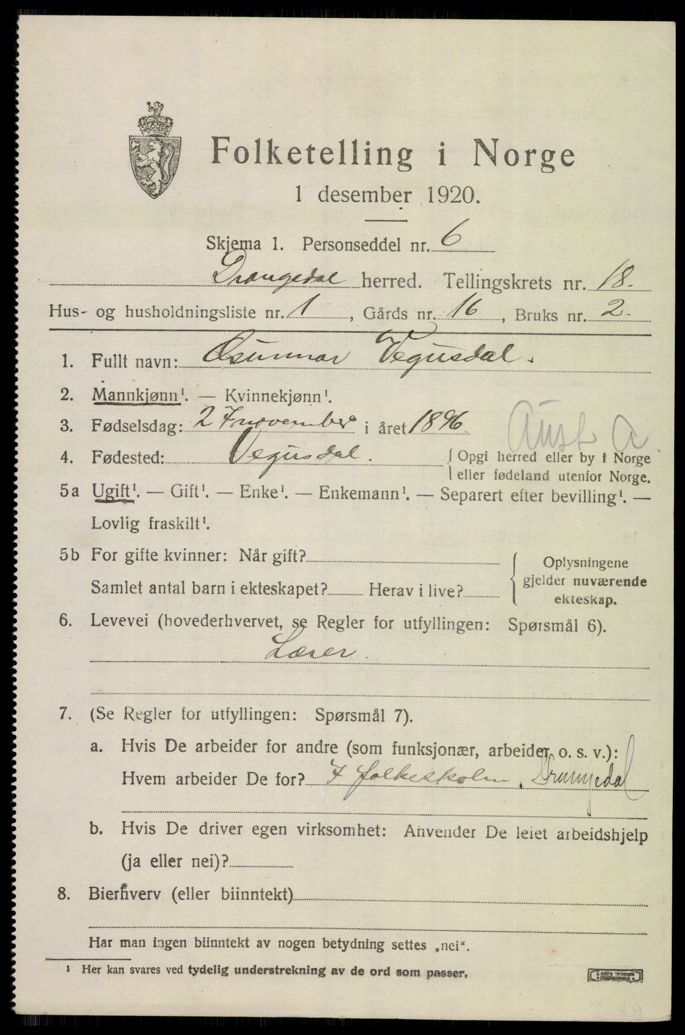 SAKO, 1920 census for Drangedal, 1920, p. 8313