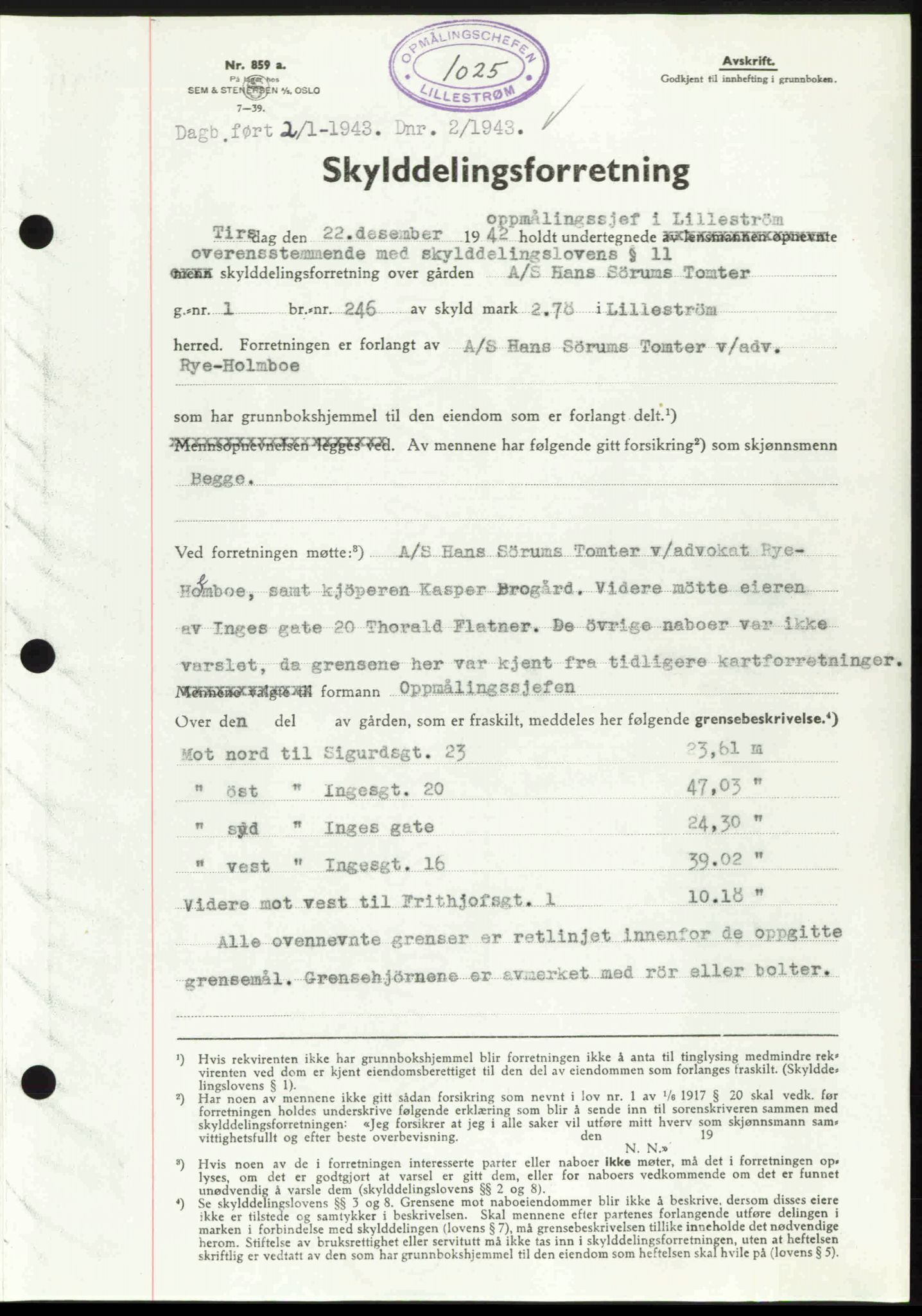 Nedre Romerike sorenskriveri, SAO/A-10469/G/Gb/Gbd/L0009: Mortgage book no. 9, 1943-1943, Diary no: : 2/1943