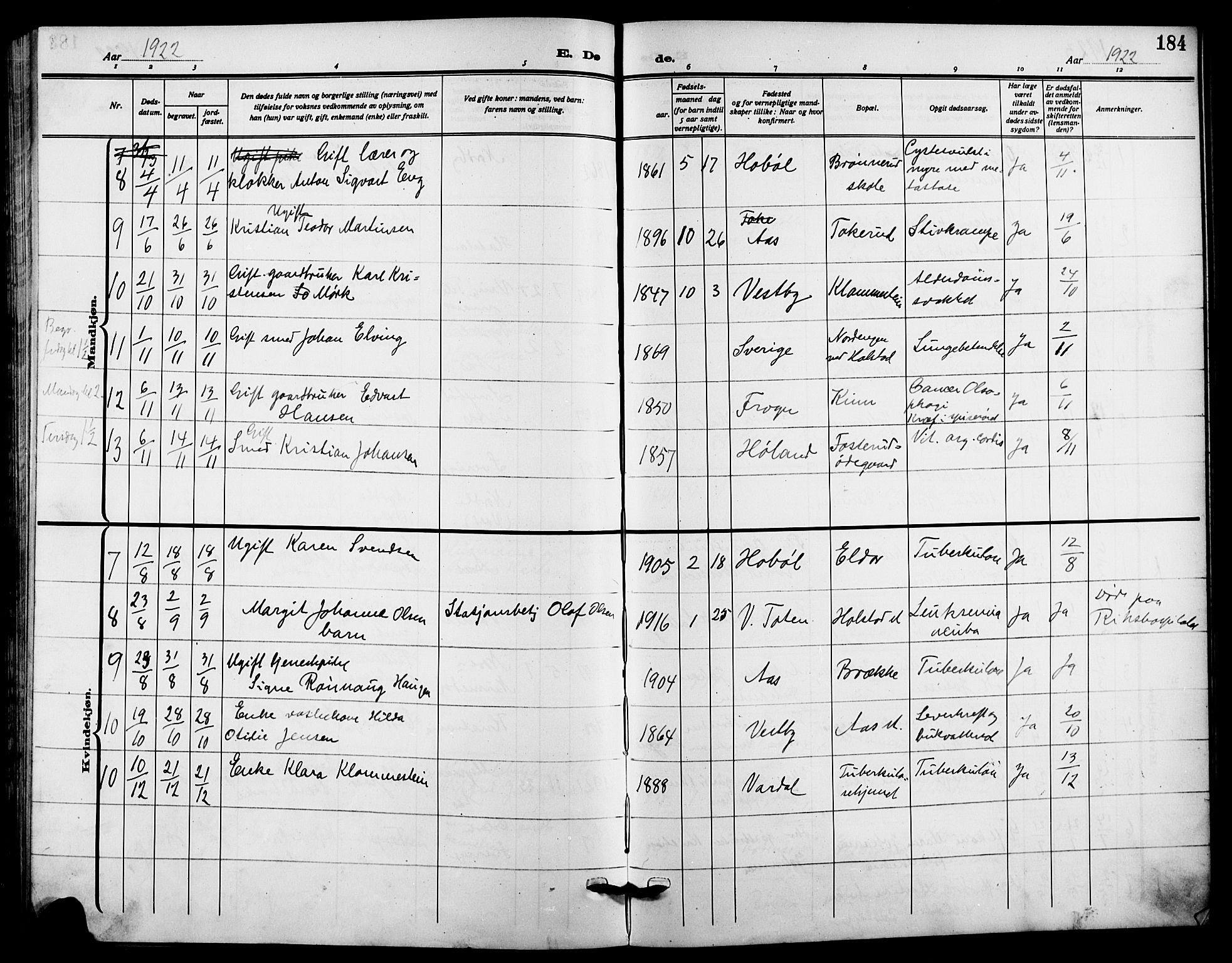 Ås prestekontor Kirkebøker, SAO/A-10894/G/Ga/L0005: Parish register (copy) no. I 5, 1916-1924, p. 184