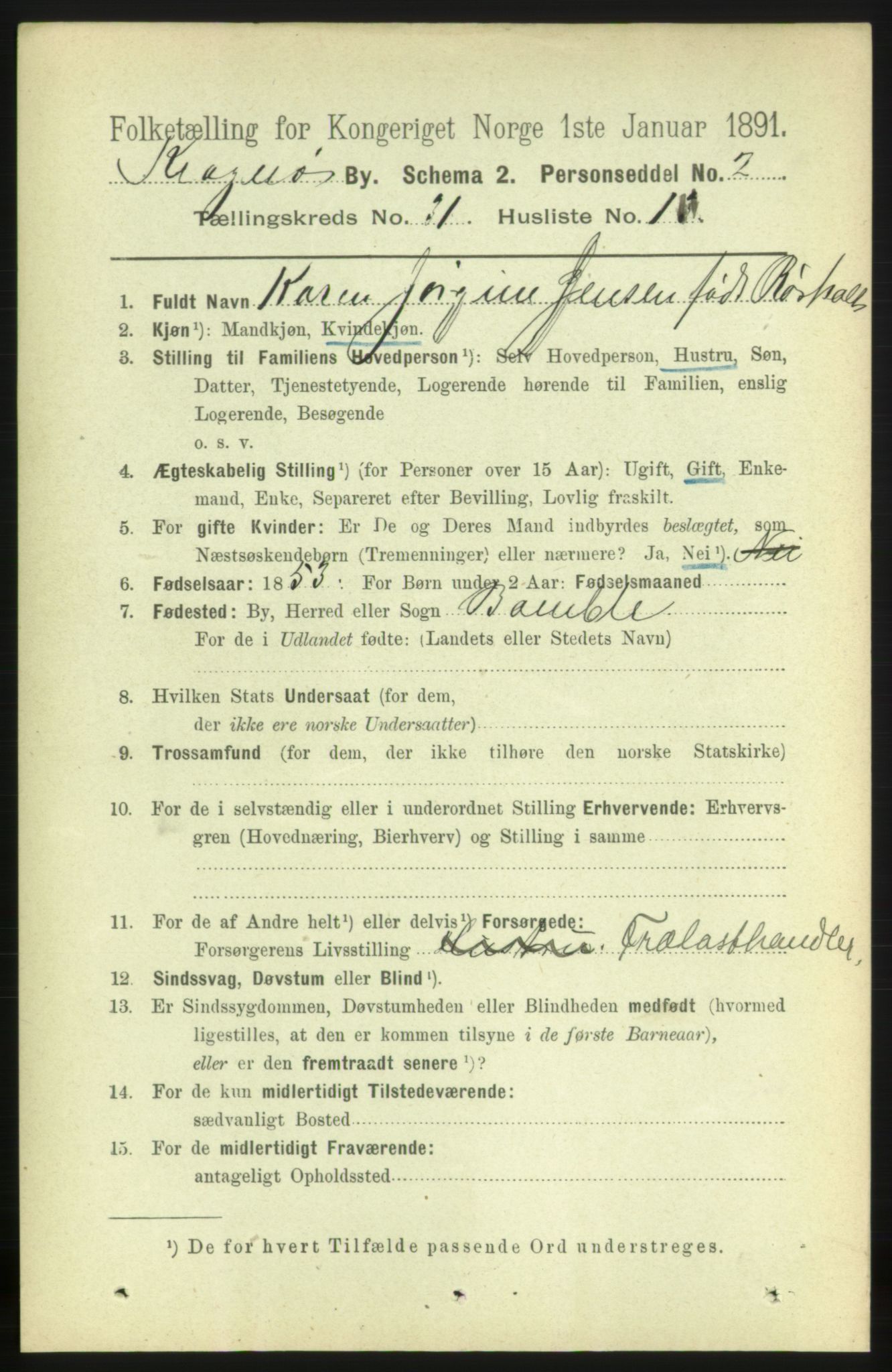 RA, 1891 census for 0801 Kragerø, 1891, p. 5710