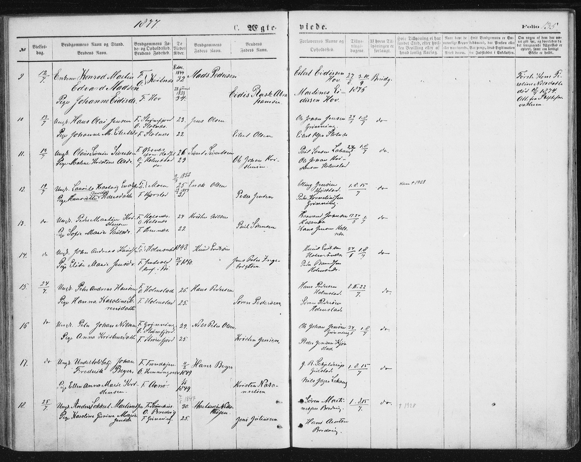 Ministerialprotokoller, klokkerbøker og fødselsregistre - Nordland, AV/SAT-A-1459/888/L1243: Parish register (official) no. 888A09, 1876-1879, p. 135