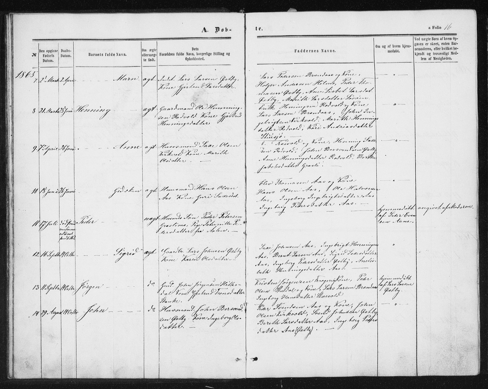 Ministerialprotokoller, klokkerbøker og fødselsregistre - Sør-Trøndelag, SAT/A-1456/698/L1166: Parish register (copy) no. 698C03, 1861-1887, p. 16