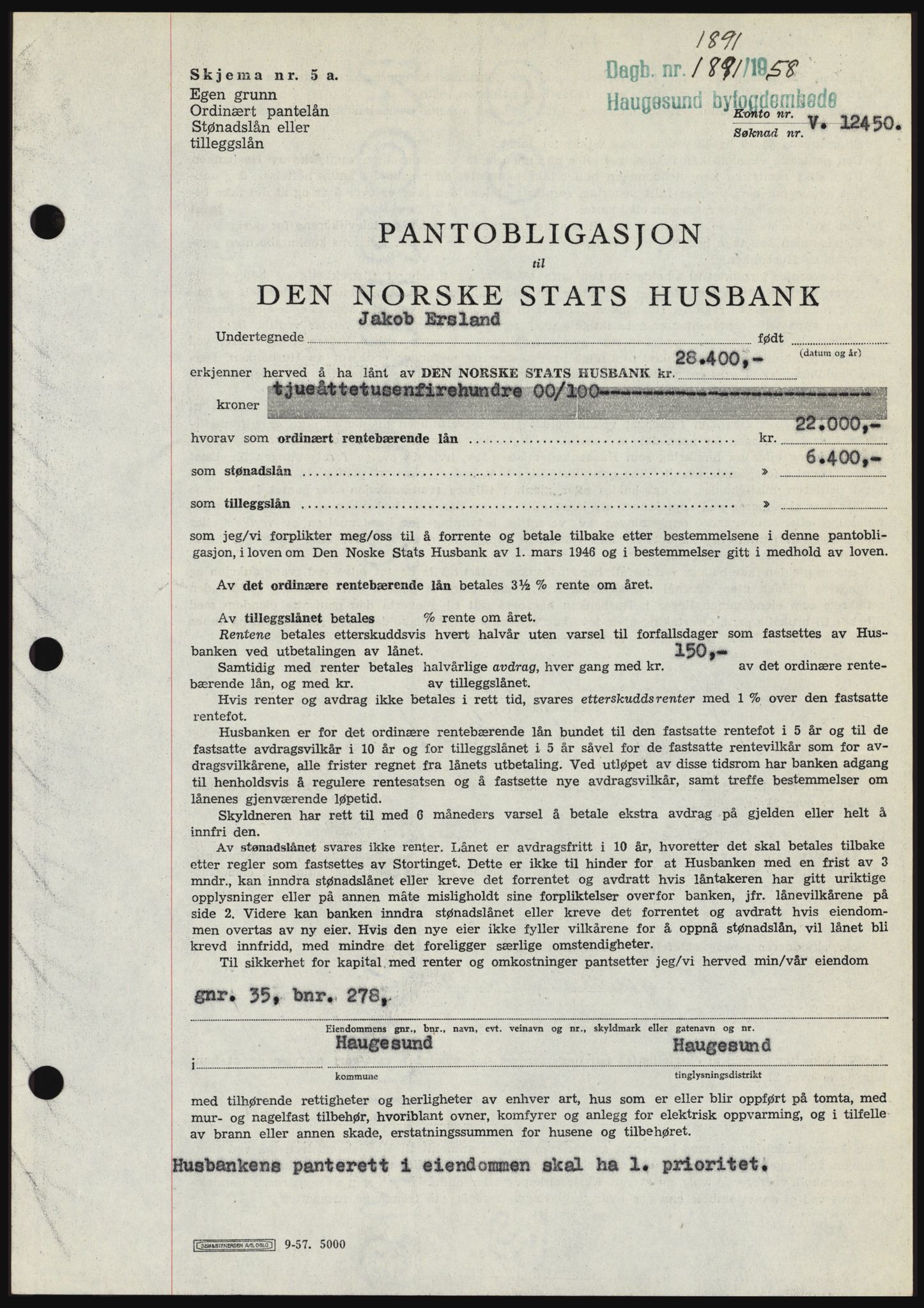 Haugesund tingrett, SAST/A-101415/01/II/IIC/L0044: Mortgage book no. B 44, 1958-1959, Diary no: : 1891/1958