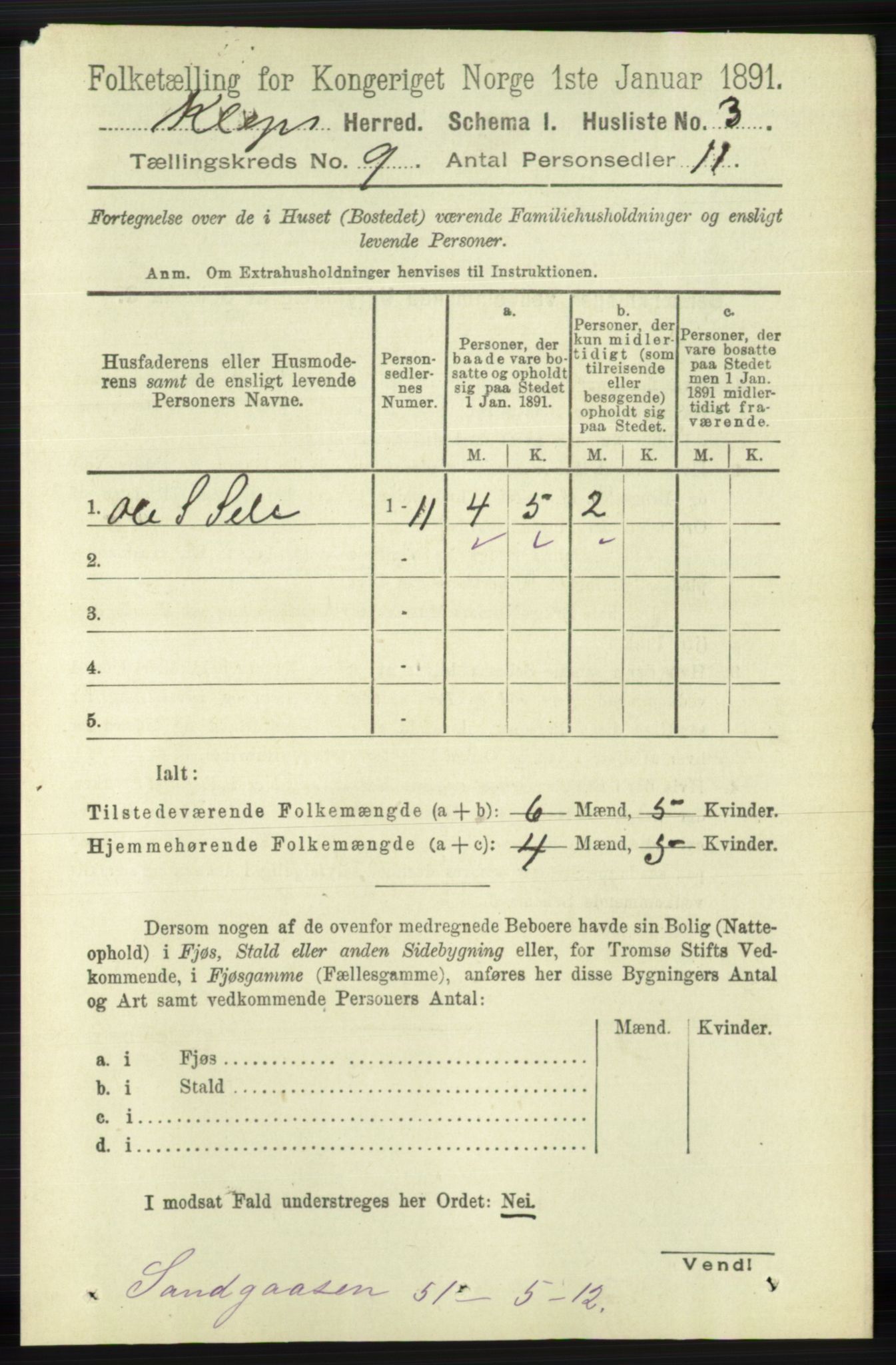 RA, 1891 census for 1120 Klepp, 1891, p. 2711