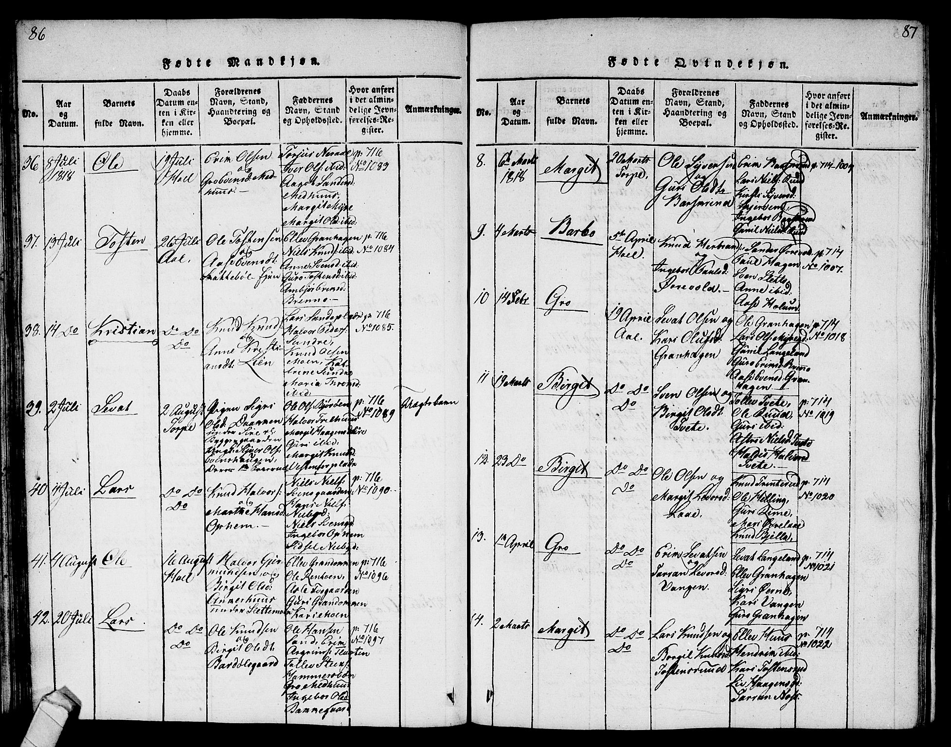 Ål kirkebøker, AV/SAKO-A-249/G/Ga/L0001: Parish register (copy) no. 1, 1815-1829, p. 86-87