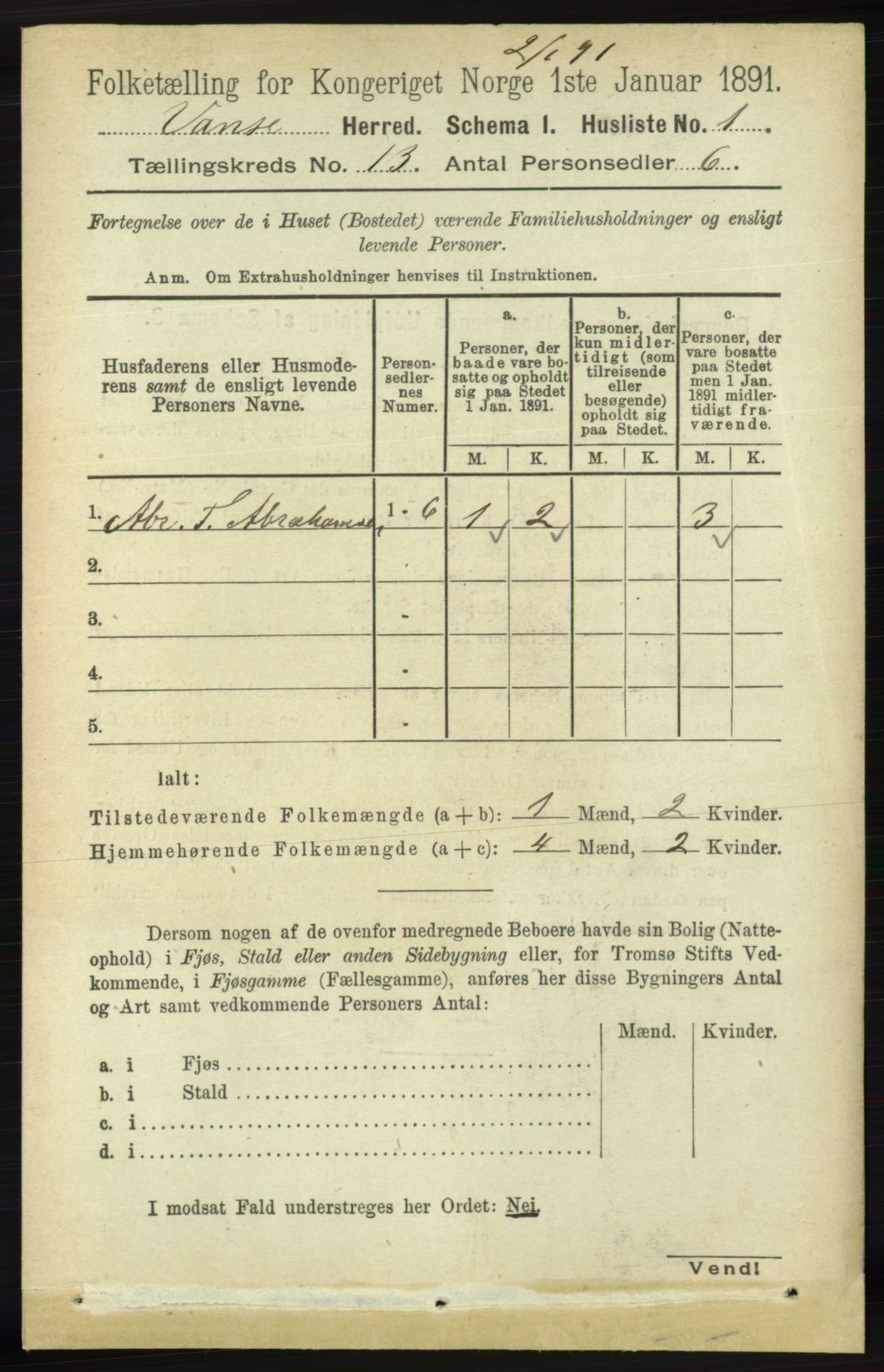 RA, 1891 census for 1041 Vanse, 1891, p. 7458