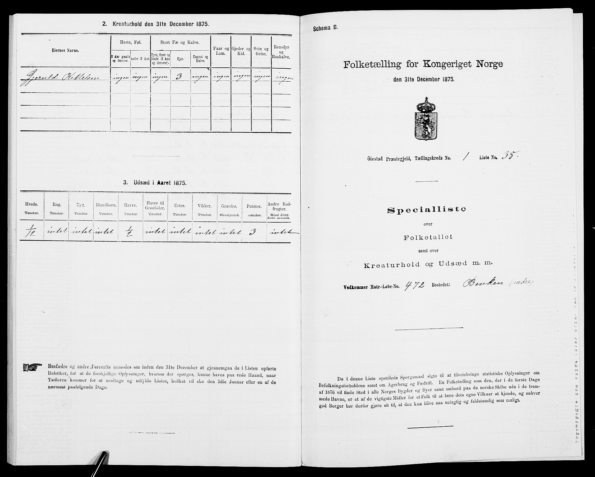 SAK, 1875 census for 0920P Øyestad, 1875, p. 132