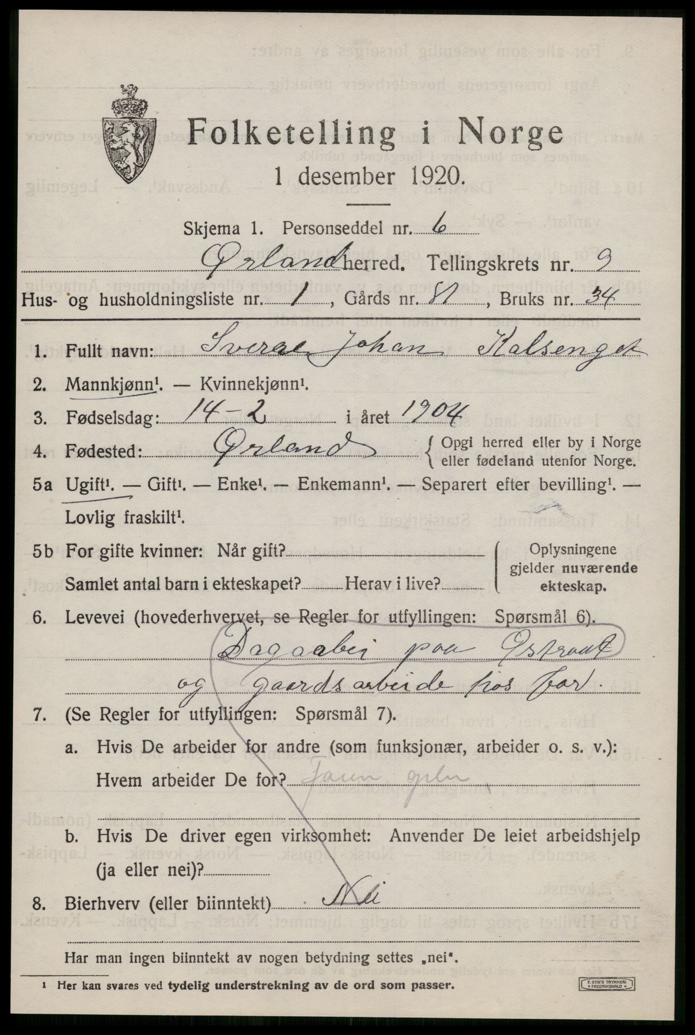 SAT, 1920 census for Ørland, 1920, p. 7845