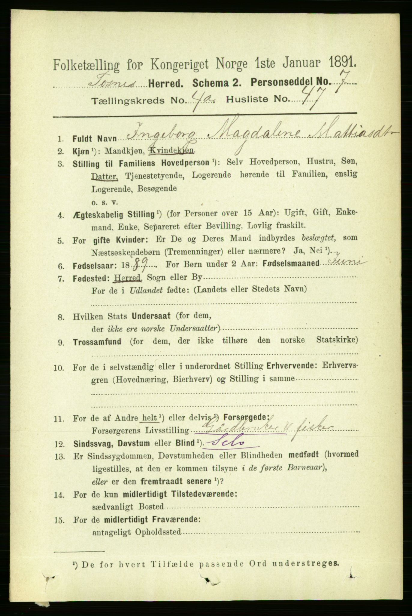 RA, 1891 census for 1748 Fosnes, 1891, p. 1676