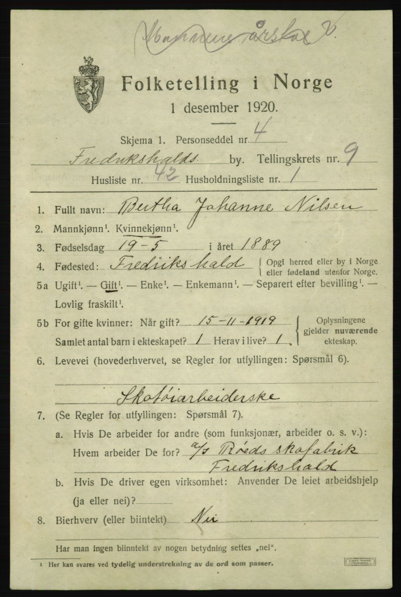 SAO, 1920 census for Fredrikshald, 1920, p. 16847