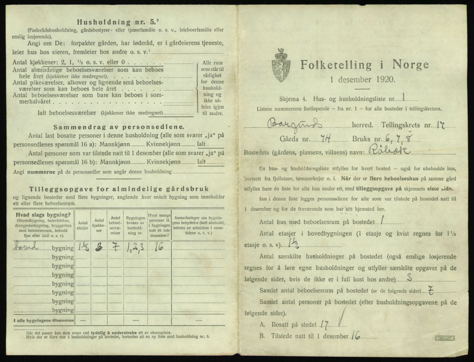 SAT, 1920 census for Borgund, 1920, p. 1480