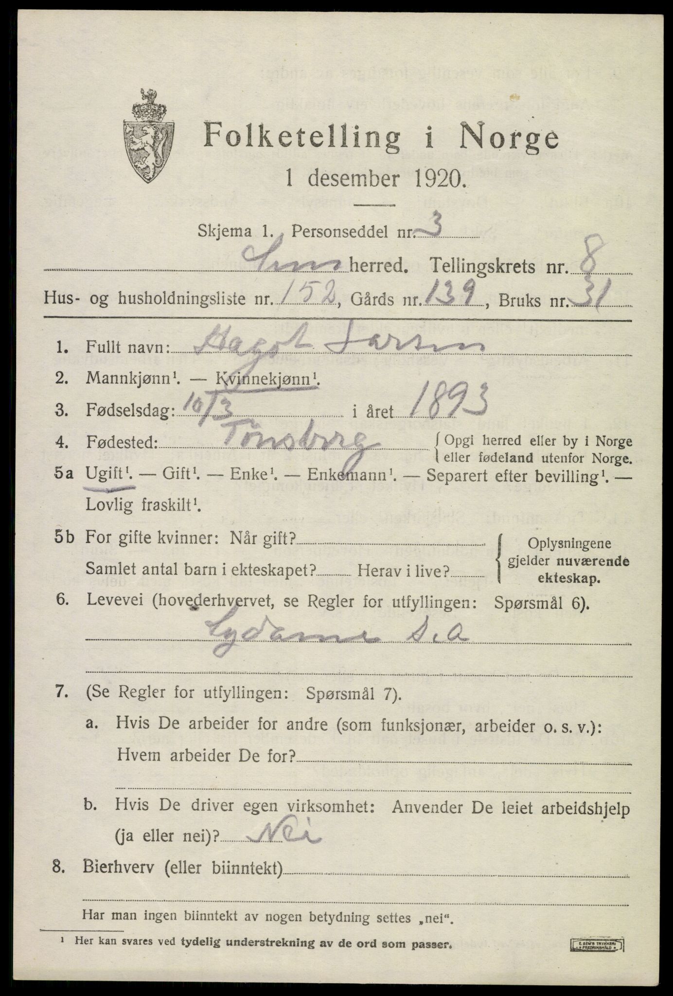 SAKO, 1920 census for Sem, 1920, p. 12555