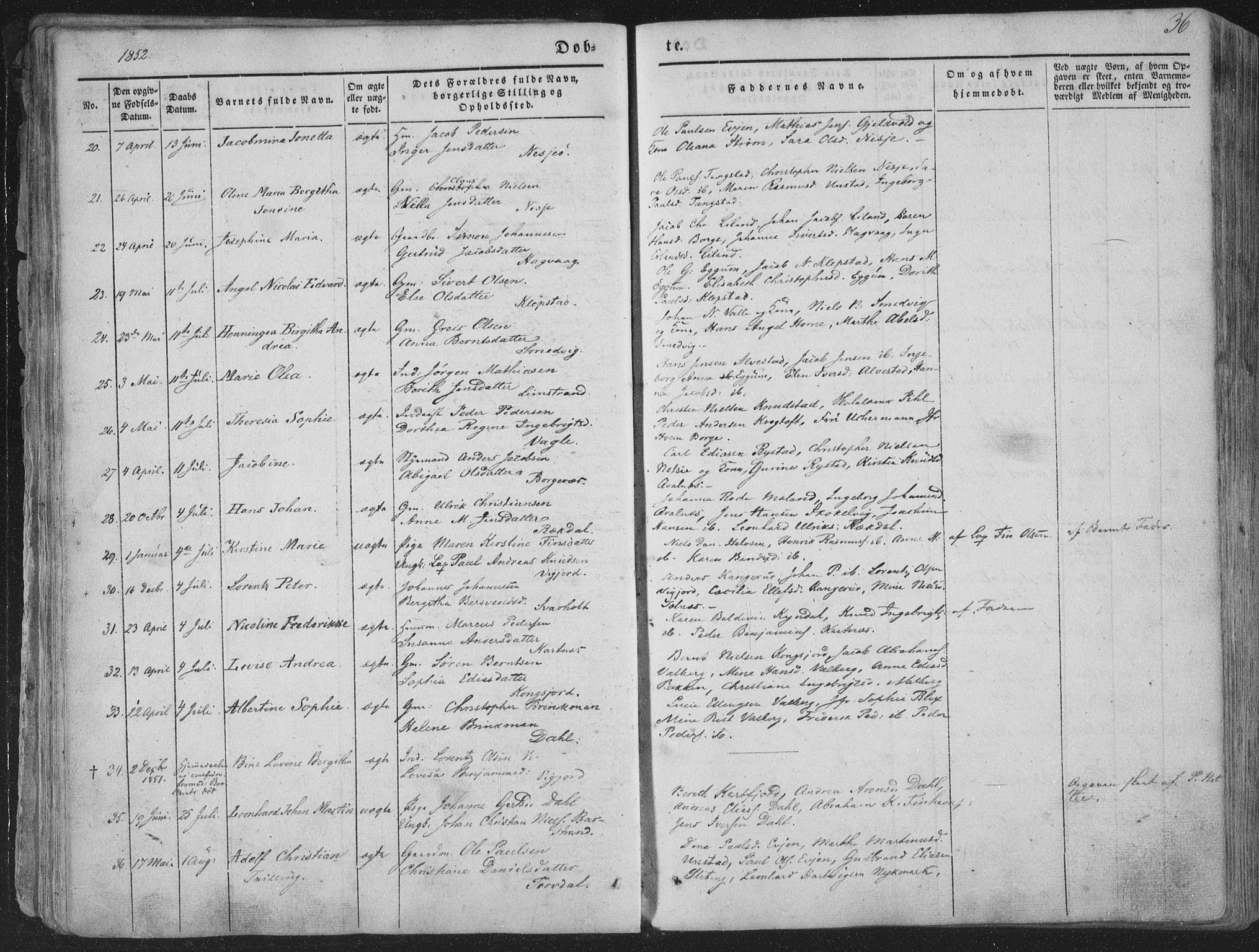 Ministerialprotokoller, klokkerbøker og fødselsregistre - Nordland, AV/SAT-A-1459/880/L1131: Parish register (official) no. 880A05, 1844-1868, p. 36