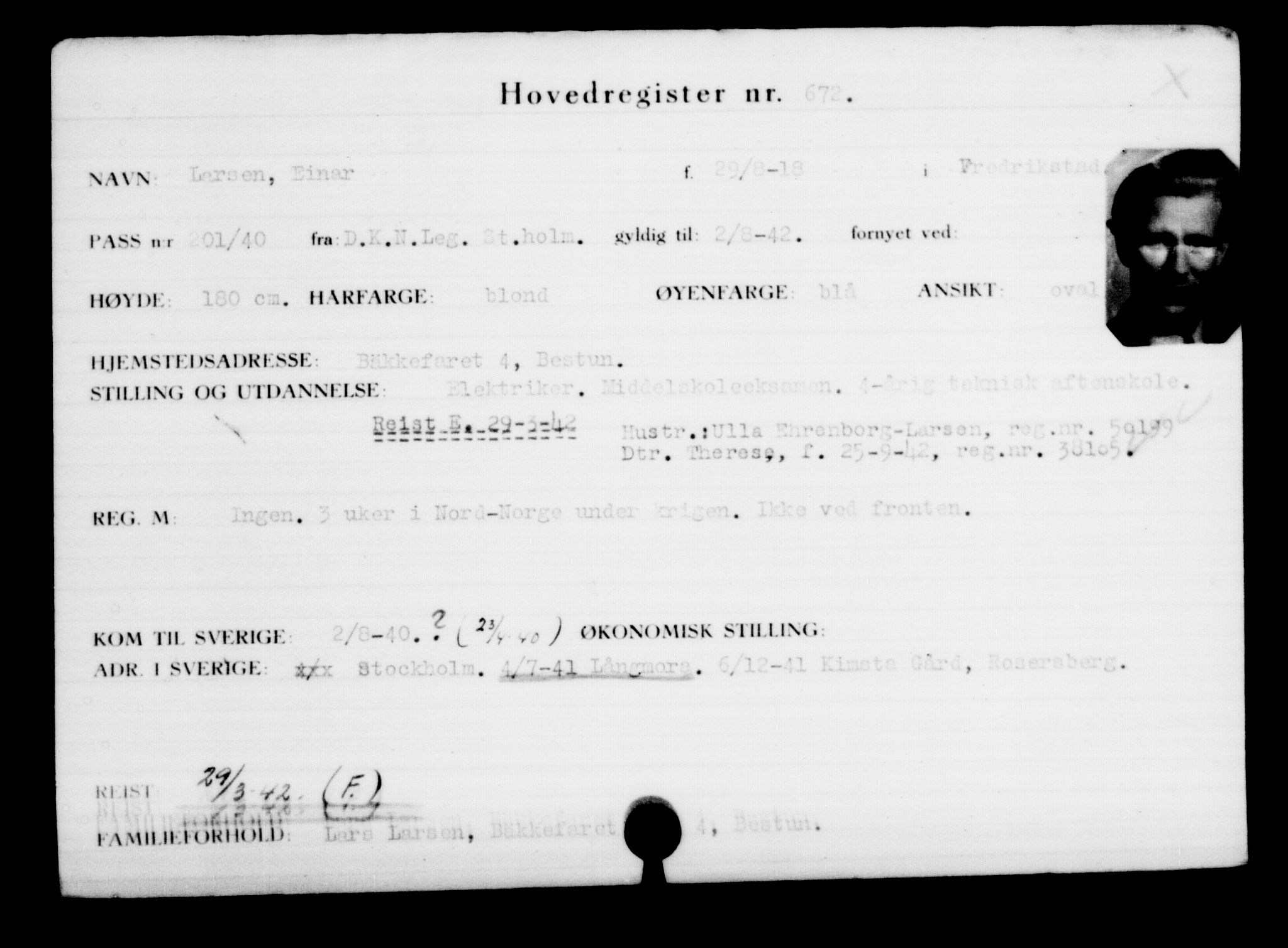 Utenriksstasjonene, Legasjonen i Stockholm, Flyktningkontoret, AV/RA-S-6753/V/Va/L0001: Kjesäterkartoteket, flyktninger med registreringsnr. 1-1000, 1940-1945, p. 1052