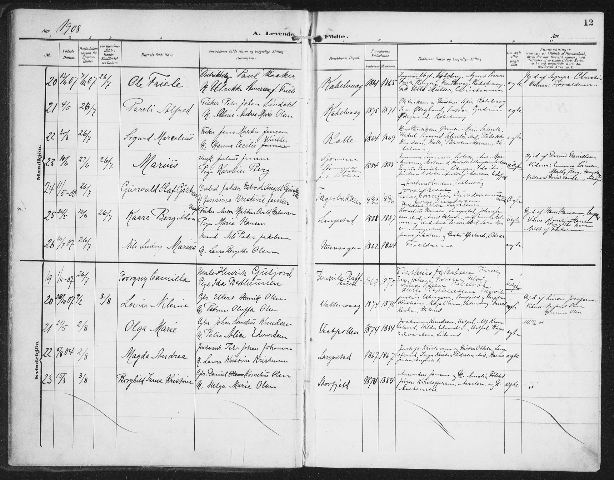 Ministerialprotokoller, klokkerbøker og fødselsregistre - Nordland, AV/SAT-A-1459/874/L1063: Parish register (official) no. 874A07, 1907-1915, p. 12