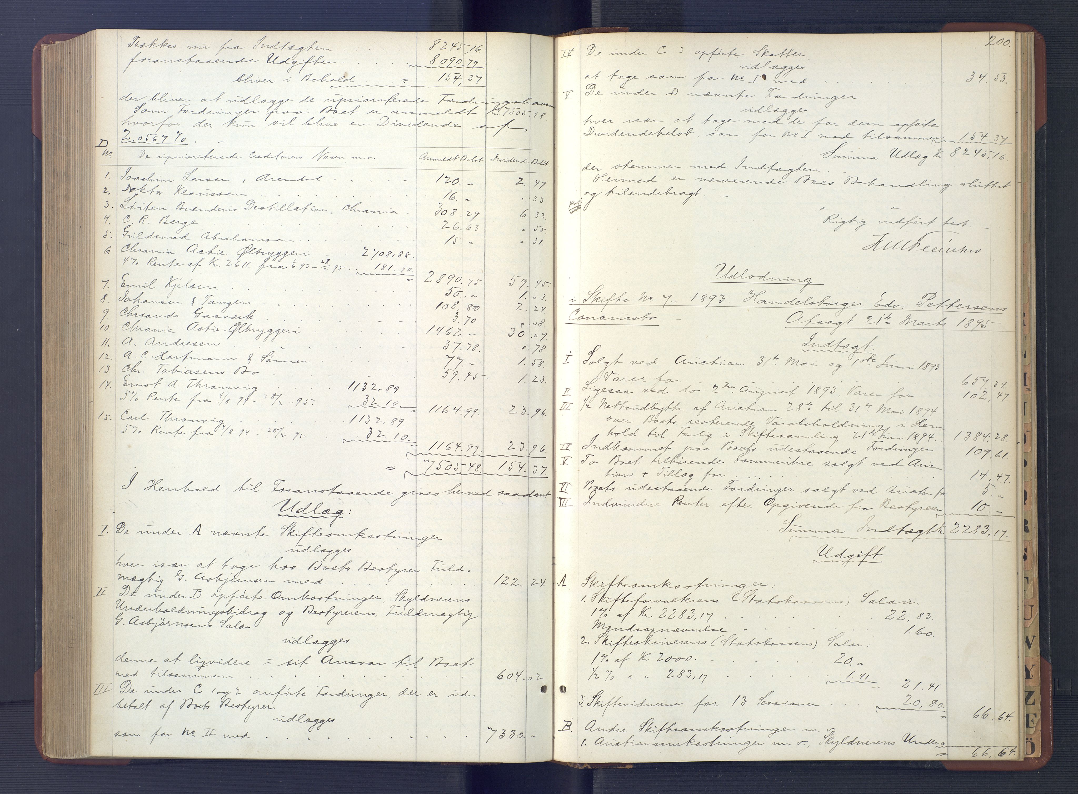 Kristiansand byrett, AV/SAK-1223-0001/H/Hc/L0058: Skifteutlodningsprotokoll nr. 4, med register, 1887-1894, p. 200