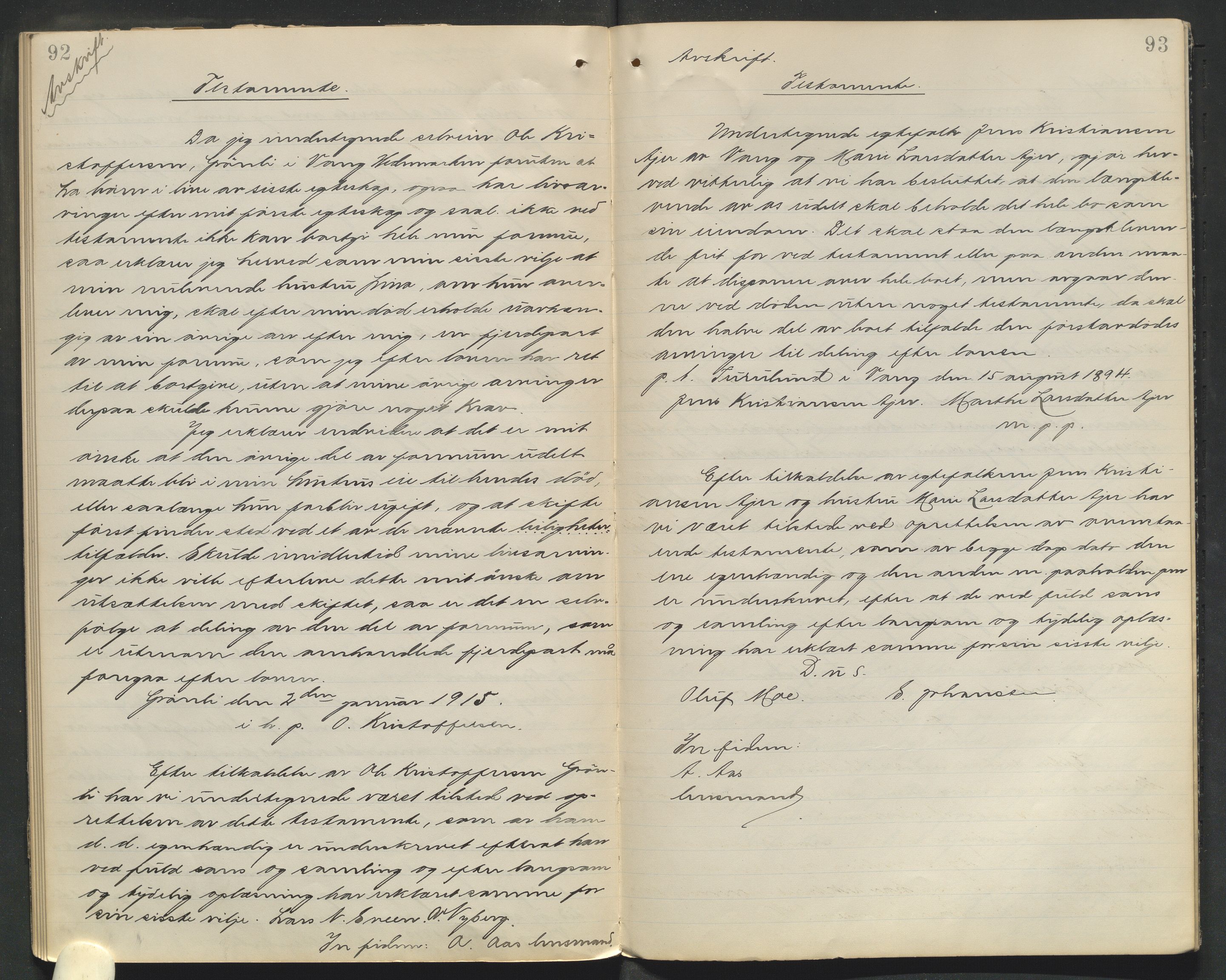 Nord-Hedmark sorenskriveri, AV/SAH-TING-012/J/Ji/L0010: Dødsfallsprotokoll - Vang, 1913-1916, p. 92-93