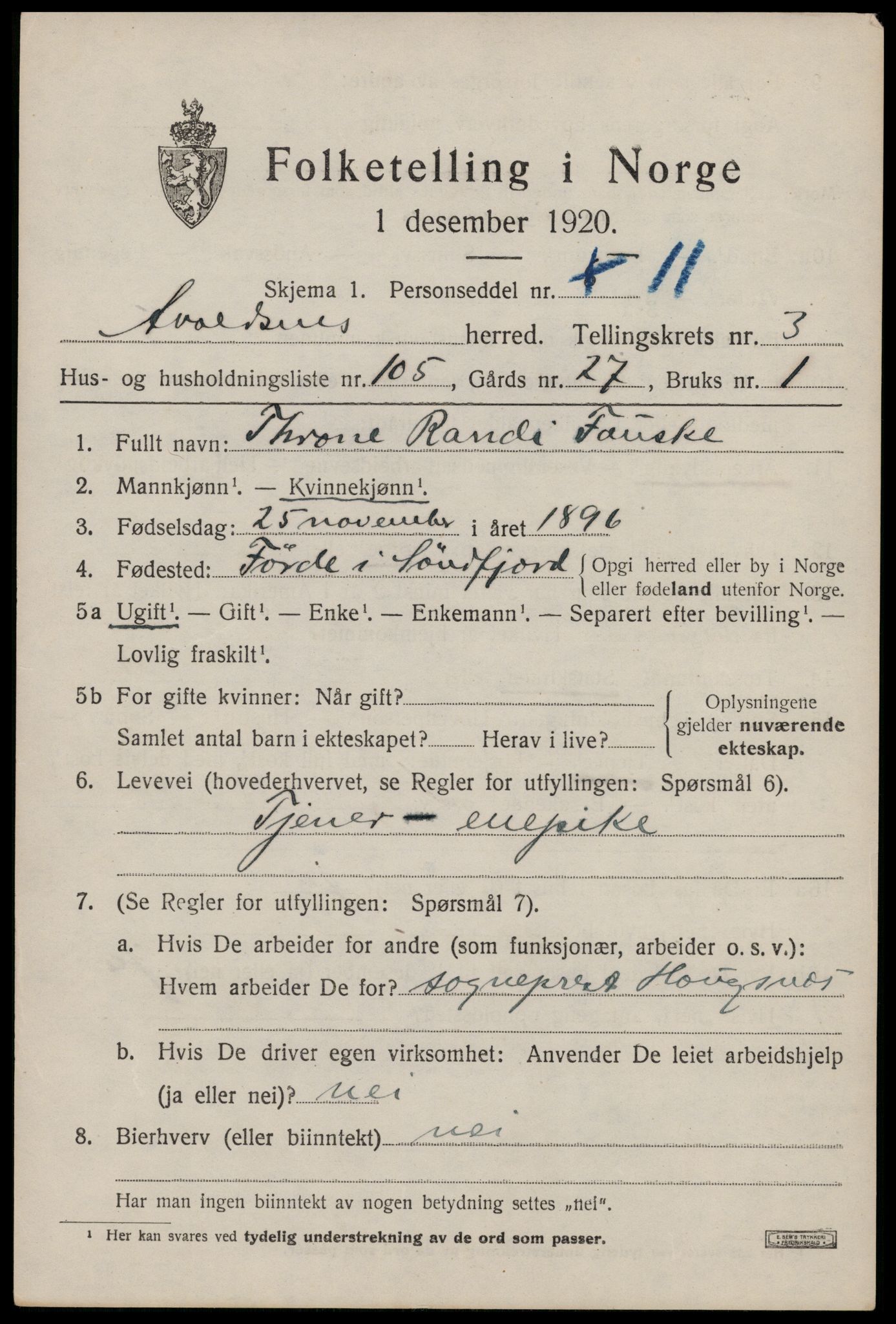 SAST, 1920 census for Avaldsnes, 1920, p. 4031