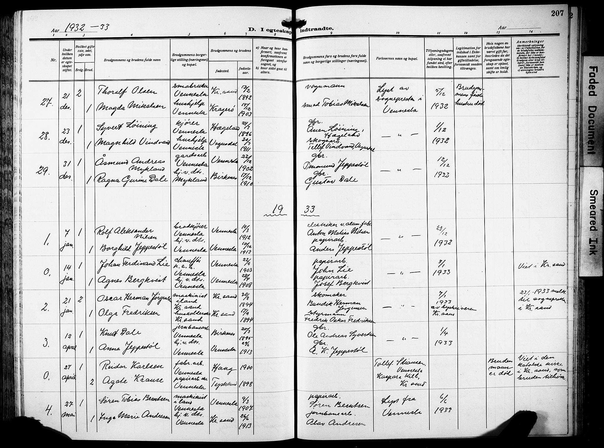 Vennesla sokneprestkontor, AV/SAK-1111-0045/Fb/Fbb/L0007: Parish register (copy) no. B 7, 1922-1933, p. 207