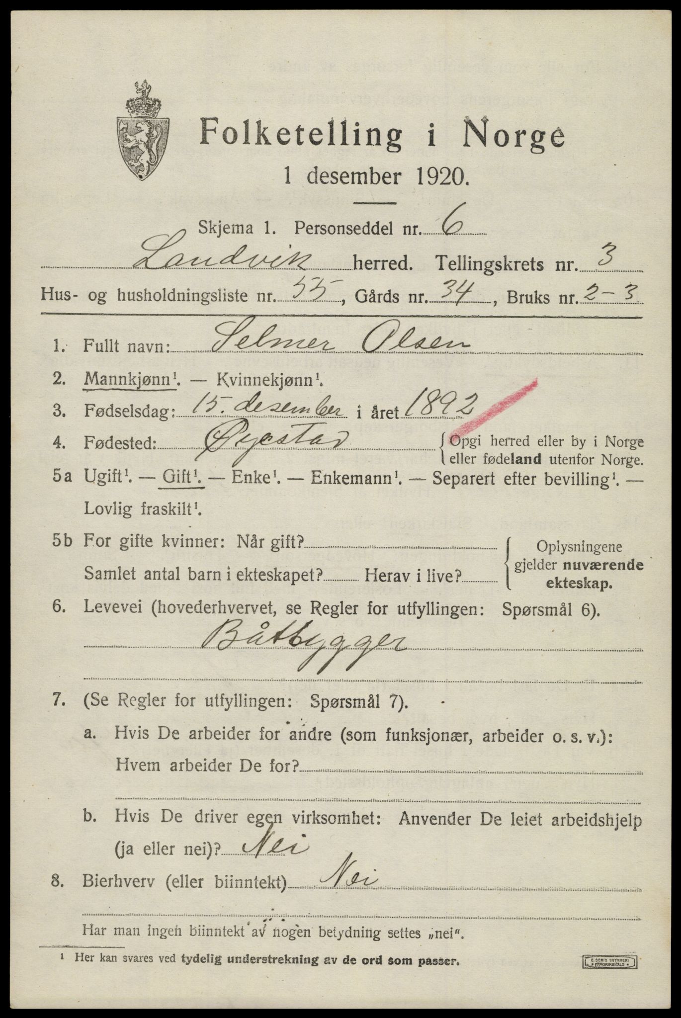 SAK, 1920 census for Landvik, 1920, p. 3426