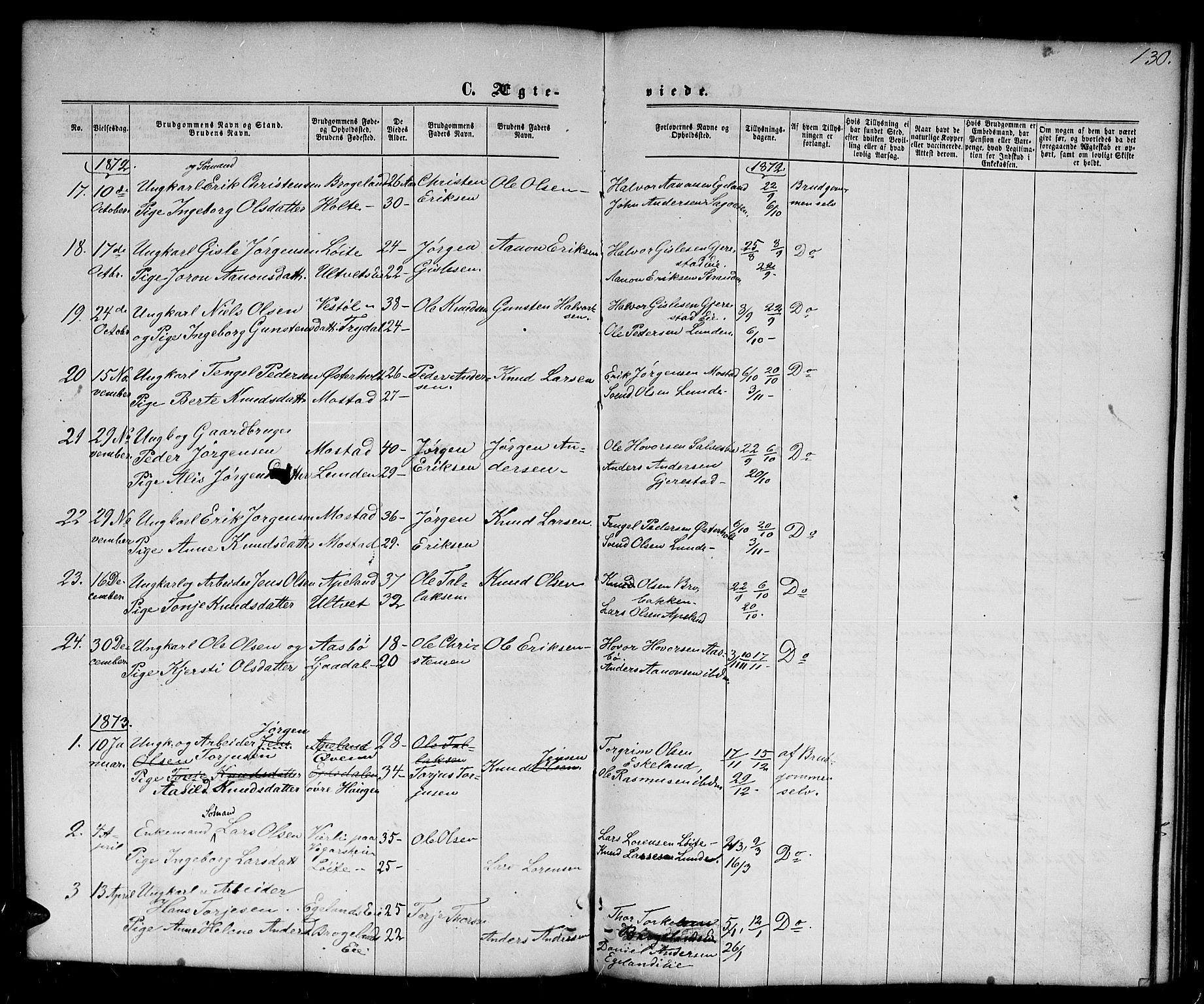 Gjerstad sokneprestkontor, SAK/1111-0014/F/Fb/Fba/L0006: Parish register (copy) no. B 6, 1868-1890, p. 130