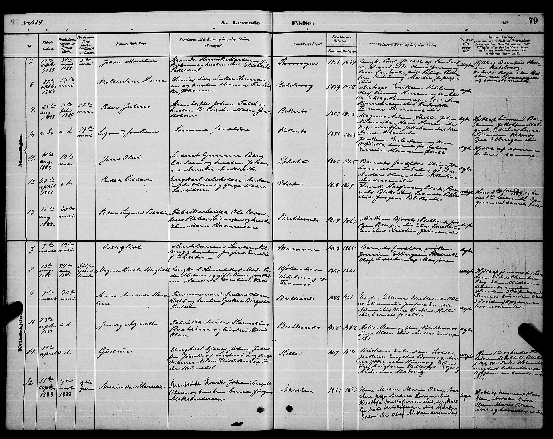 Ministerialprotokoller, klokkerbøker og fødselsregistre - Nordland, AV/SAT-A-1459/874/L1076: Parish register (copy) no. 874C05, 1884-1890, p. 79