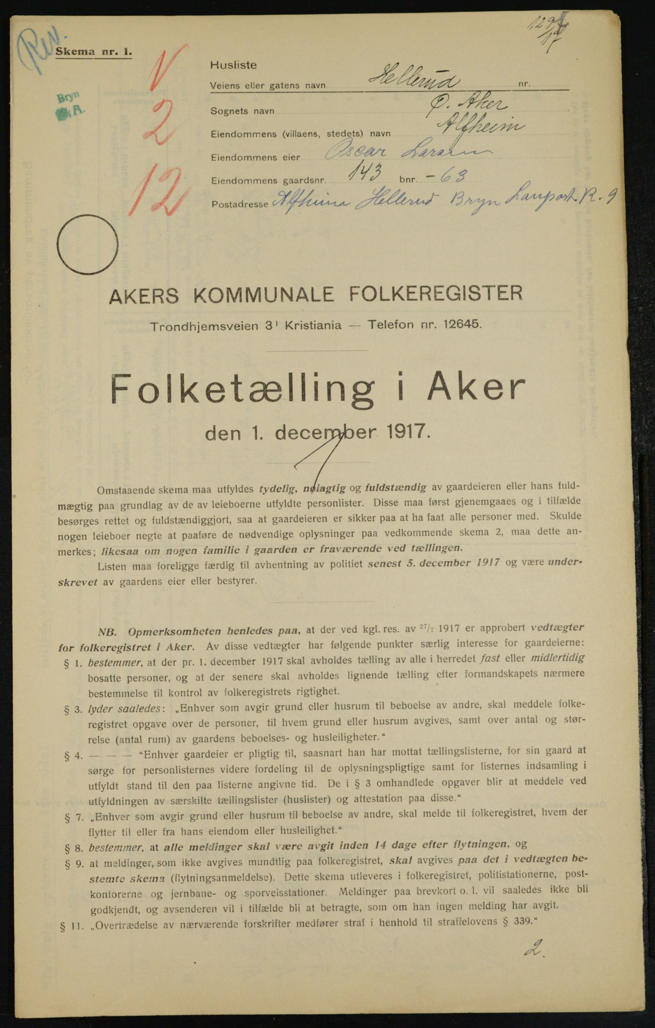 OBA, Municipal Census 1917 for Aker, 1917, p. 27268