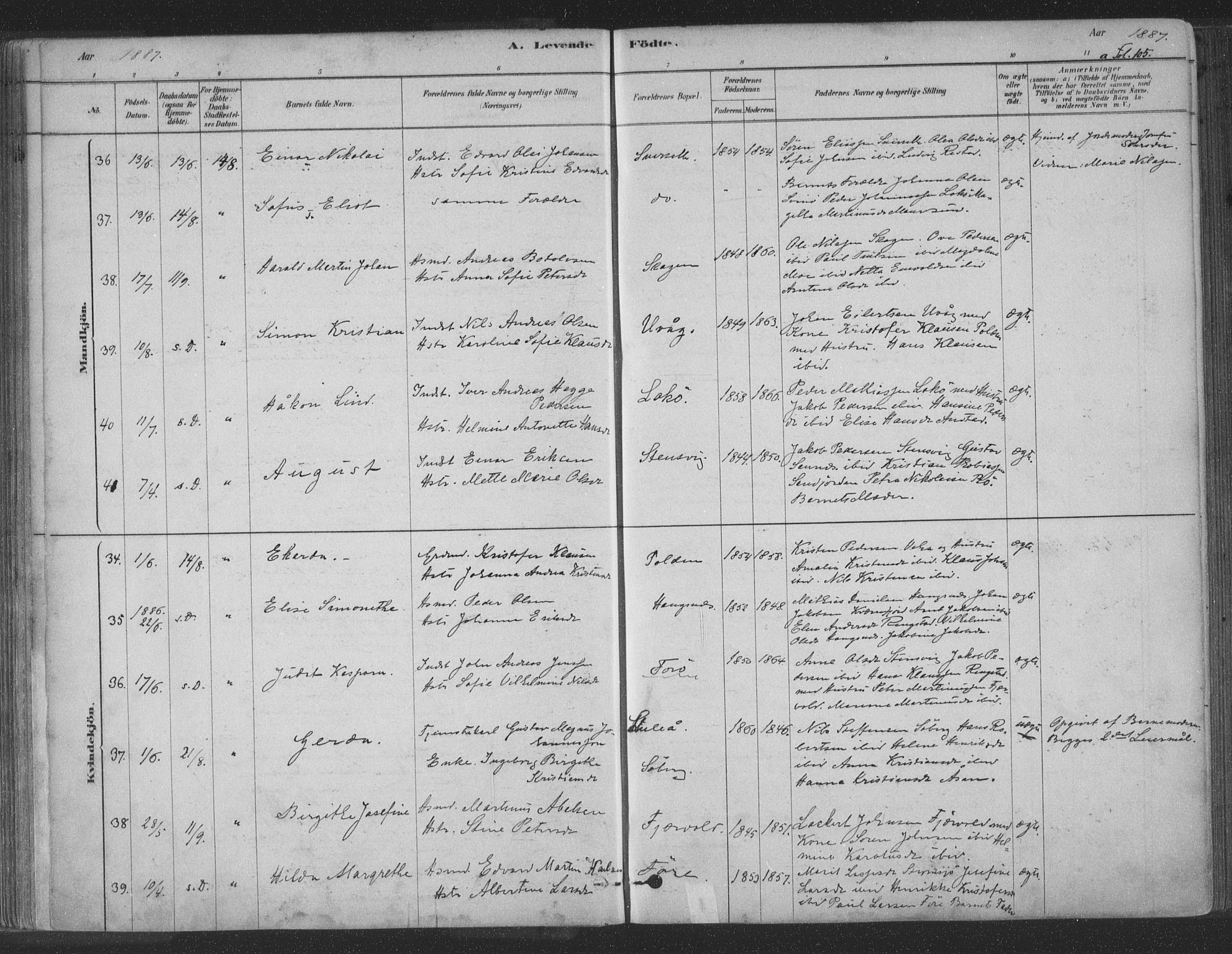 Ministerialprotokoller, klokkerbøker og fødselsregistre - Nordland, SAT/A-1459/891/L1302: Parish register (official) no. 891A07, 1878-1895, p. 105