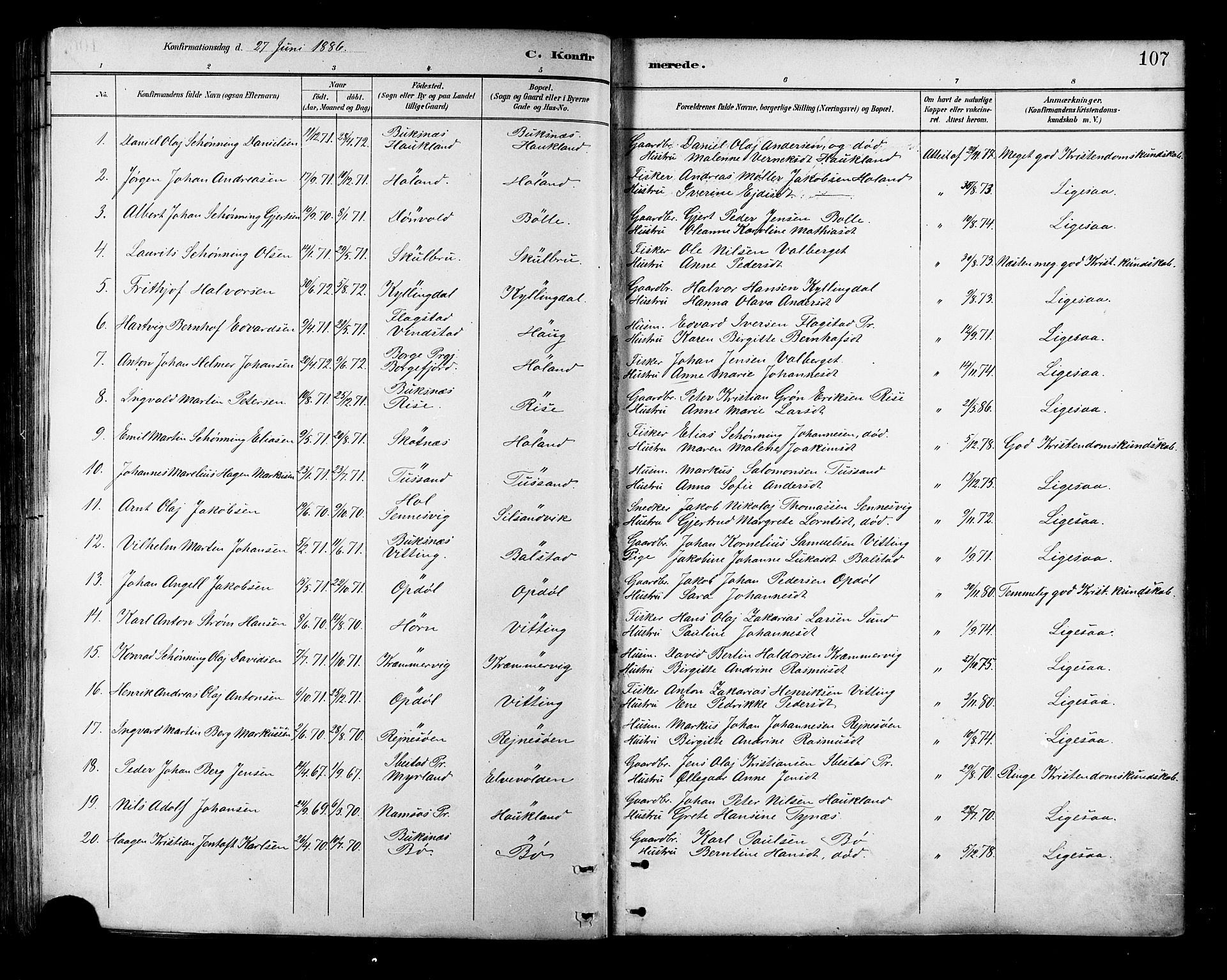 Ministerialprotokoller, klokkerbøker og fødselsregistre - Nordland, SAT/A-1459/881/L1167: Parish register (copy) no. 881C04, 1886-1899, p. 107