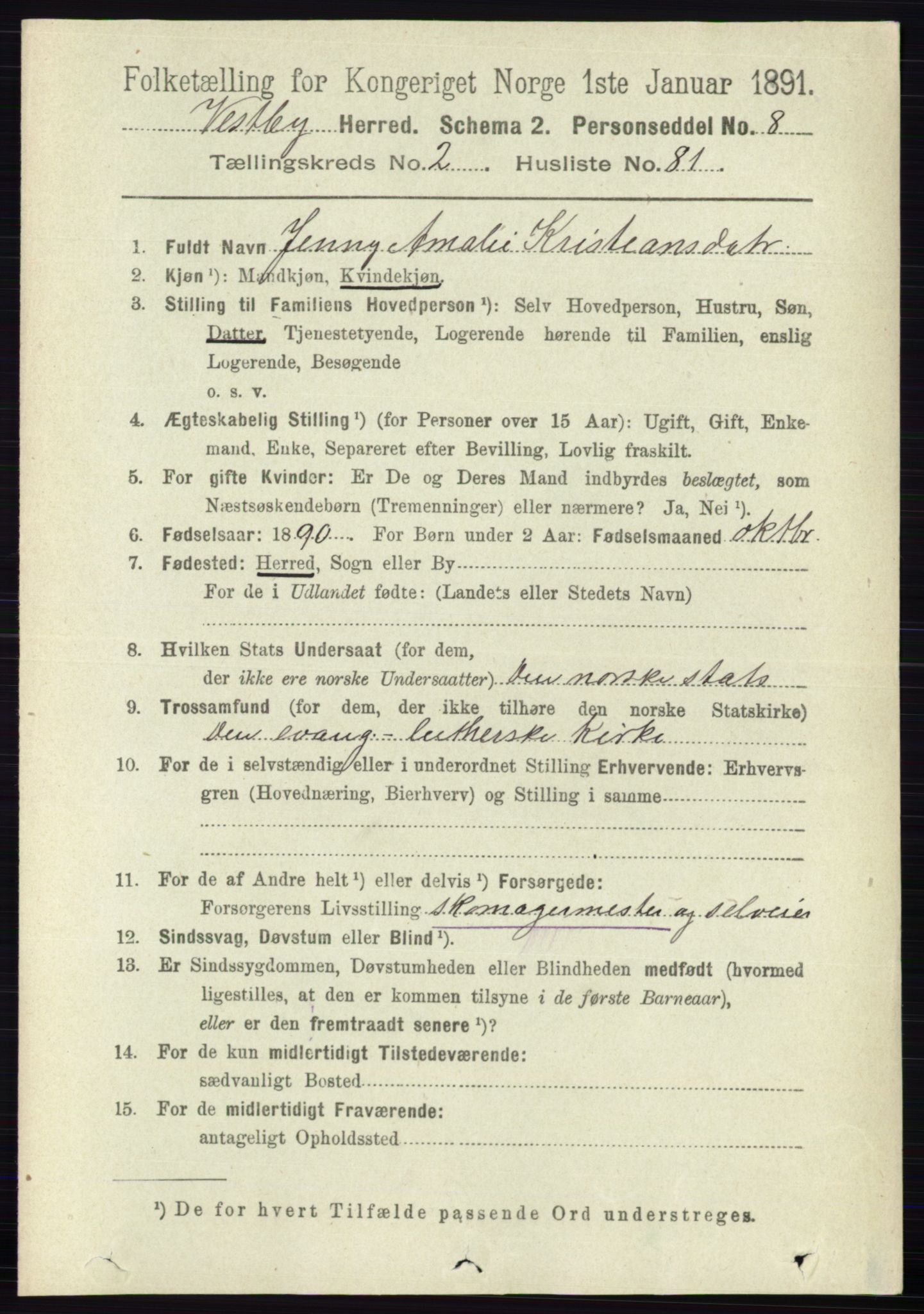 RA, 1891 census for 0211 Vestby, 1891, p. 952