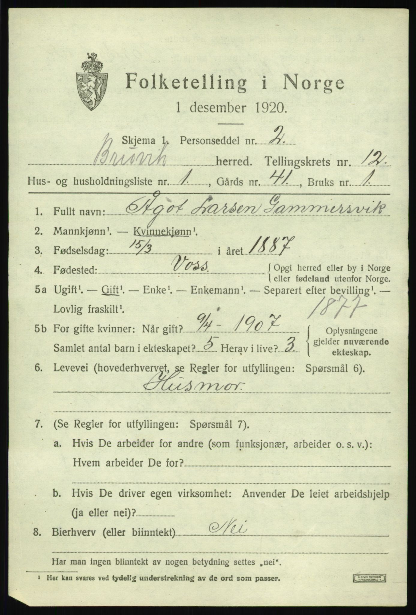 SAB, 1920 census for Bruvik, 1920, p. 7884